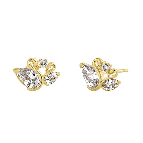 14K Solid Yellow Gold Swan Stud Earrings with CZ Stones - Elegant Jewelry for Women, Perfect for Parties, Weddings & Everyday Wear
