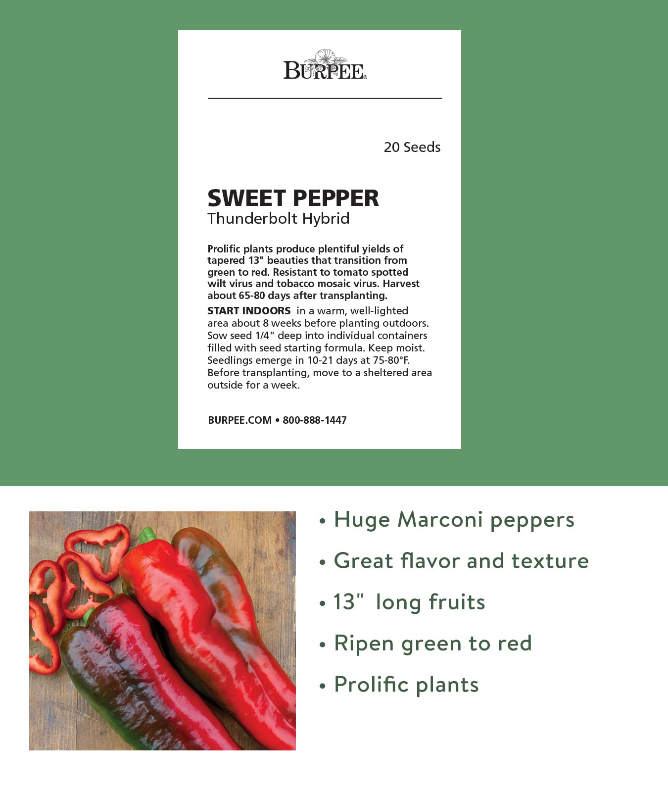 Burpee Thunderbolt Hybrid Sweet Italian Roasting Pepper Seeds - 20 Non-GMO Vegetable Seeds for Planting | Grow Fresh Bell Peppers at Home | Perfect for Home Gardens, Container Planting & Italian Cooking
