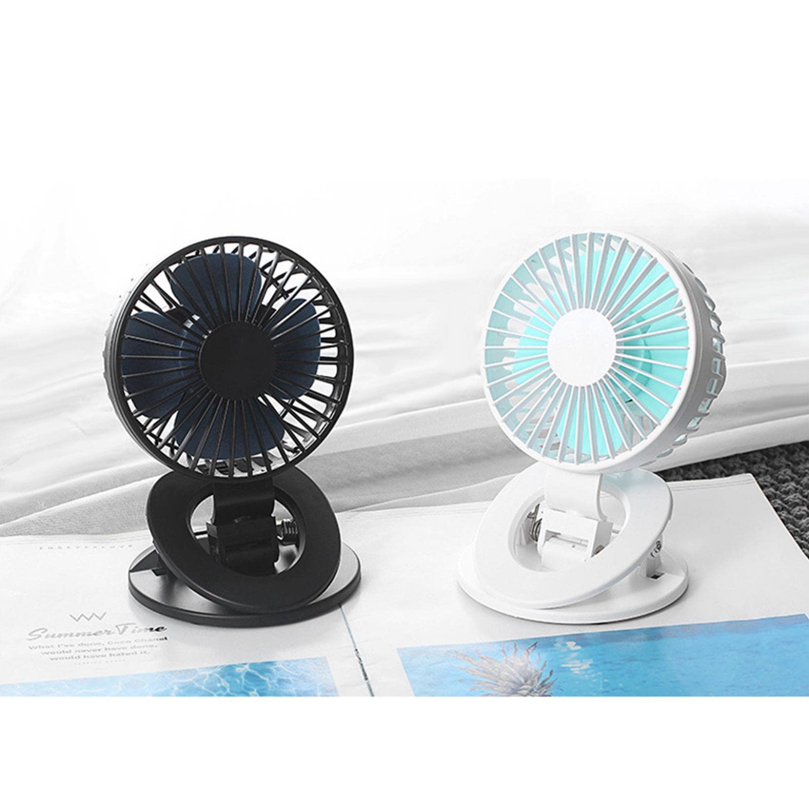 USB Clip on Fan - 3 Speed Adjustable Small Desk Fan with Strong Airflow & Ultra Quiet Operation, 2000mAh Battery - Perfect for Office, Bedroom, School, Stroller & Travel (Black/White)