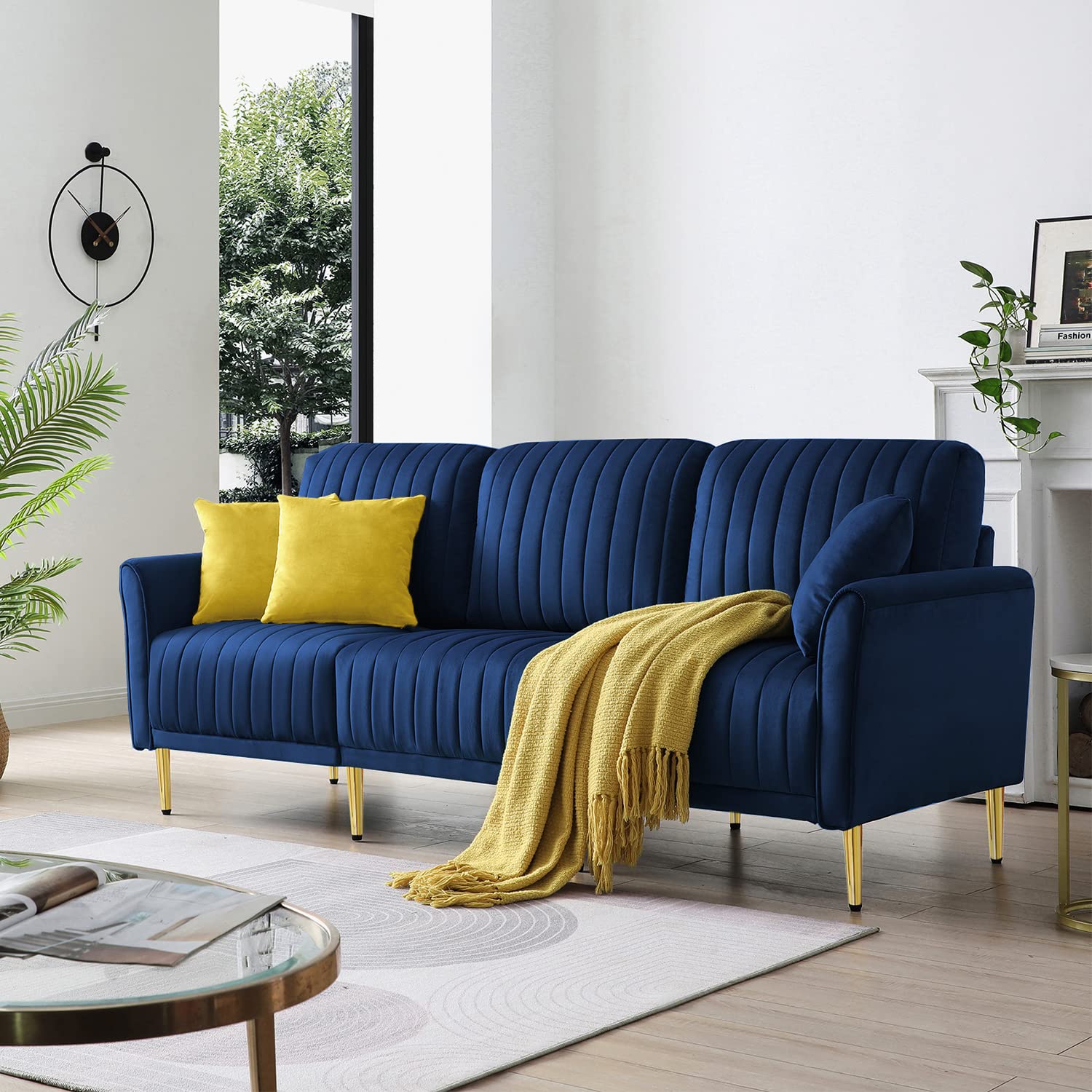 Modern 3-Seater Velvet Sofa with Removable Tufted Back & Pillows, Metal Legs - Blue Upholstered Couch for Living Room, Bedroom, Office | Perfect for Small Spaces, Home Decor & Apartment Furniture