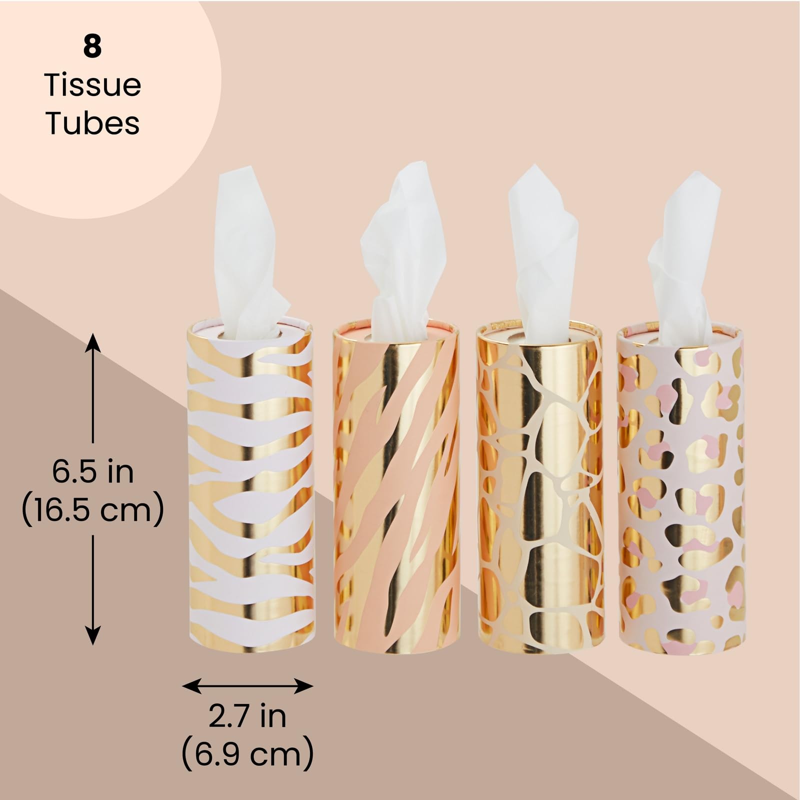 Zodaca 8-Pack Round Car Tissue Box Holders - Travel Size Refillable Cylinder with 4 Animal Print Designs (50 Tissues Each) - Perfect for Road Trips, Commuting & Travel Accessories