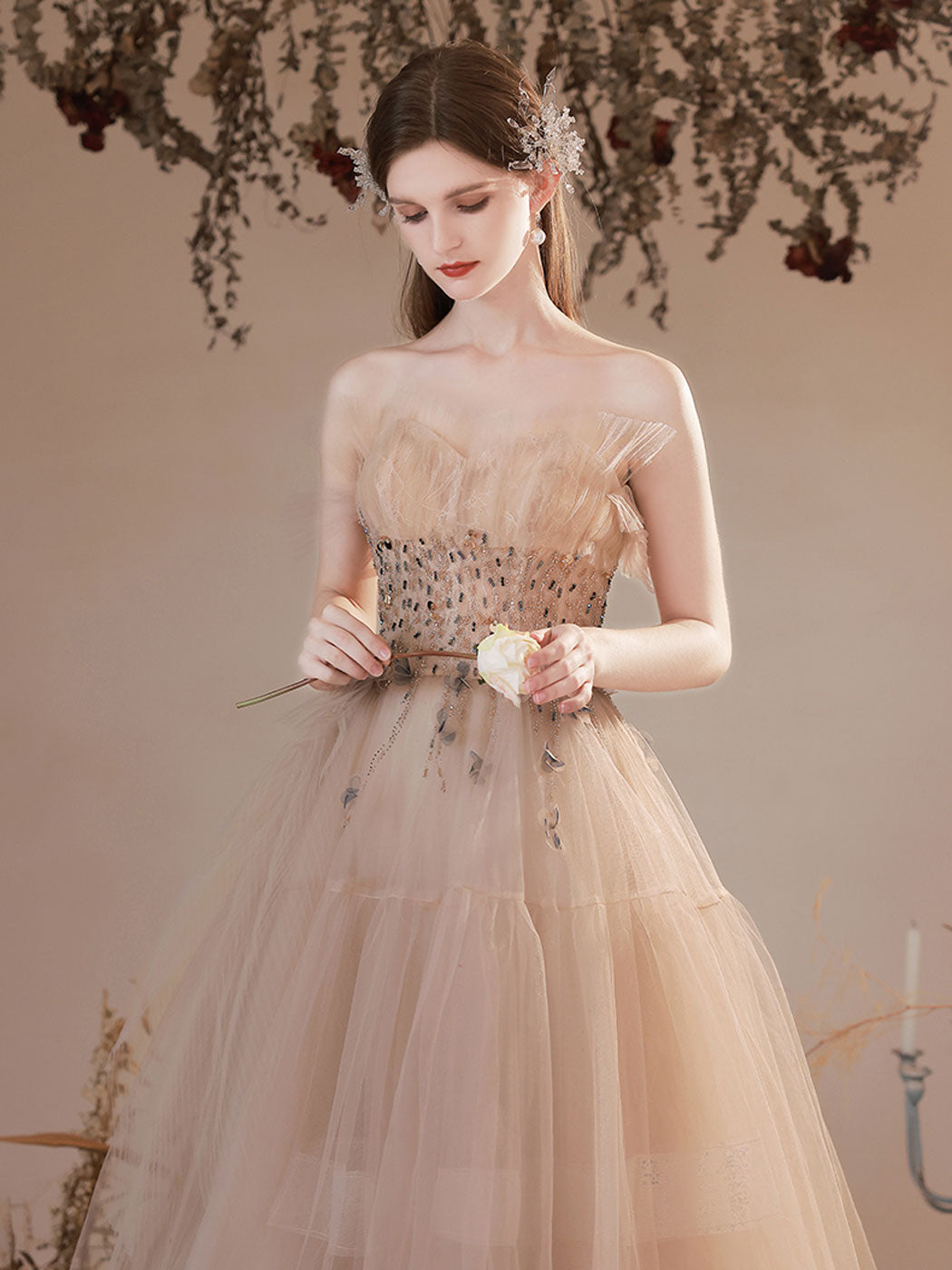 Elegant A-Line Champagne Long Prom Dresses with Beading & Sequin Details - Formal Graduation Gown for Homecoming, Ball, and Special Occasions