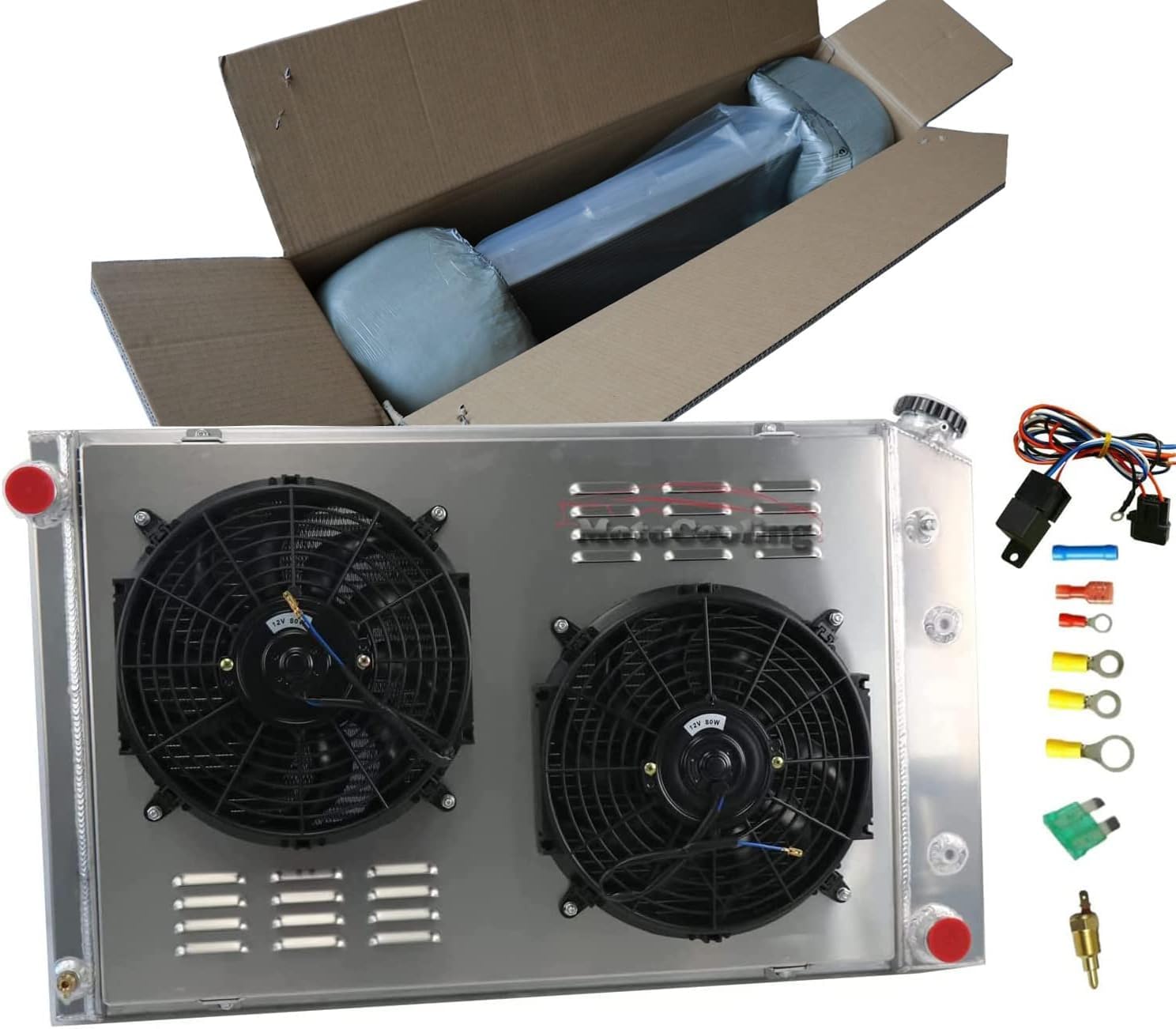 High Performance Aluminum Radiator with Electric Fan Shroud & Thermostat Kit - Compatible with Chevy Blazer C1500 2500 3500 C10 K10 K20 K30, GMC Jimmy C1500 2500 3500 Suburban V8 L6 (1973-1991) - 3 Row Cooling System - Perfect for Off-Roading, Towing & Hot Weather Driving
