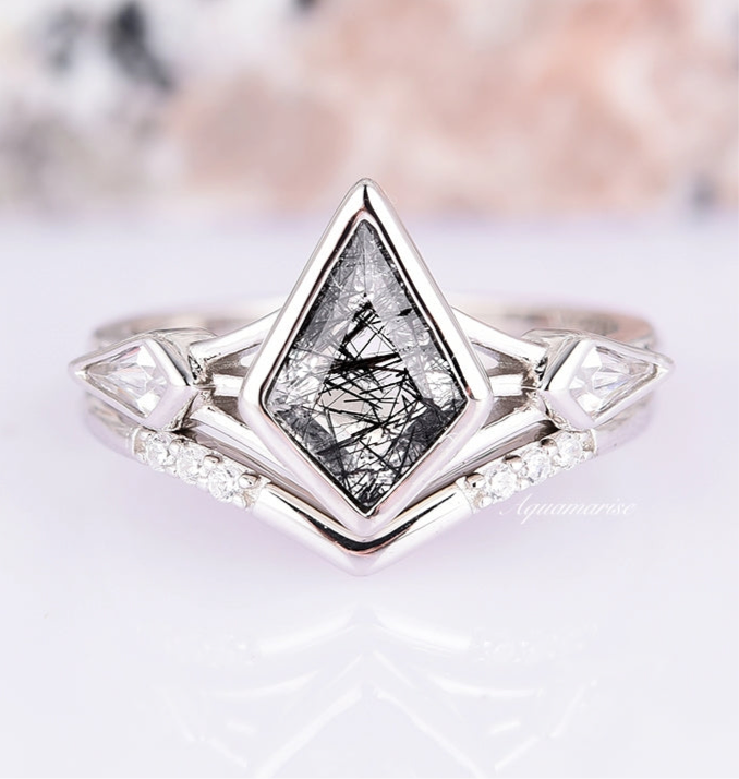 Celtic Kite Black Rutilated Quartz Ring Set - 925 Sterling Silver Jewelry for Women, Handmade Boho Wedding Band, Unique Spiritual Gift for Her | Perfect for Celtic Weddings, Pagan Ceremonies & Everyday Wear