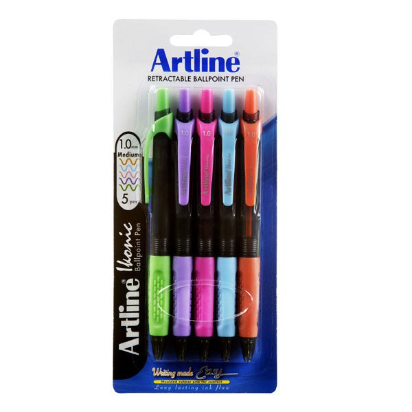 Artline Ikonic Brights Retractable Ballpoint Pens - Medium Tip 5-Pack - Vibrant Colors for Office, School & Creative Writing