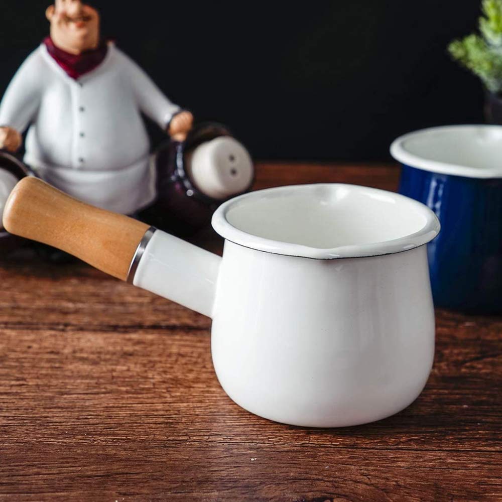550ml Non-Stick Small Milk Pot with Wooden Handle - Induction & Gas Stove Compatible - Perfect for Heating Milk, Making Hot Chocolate & Baby Formula - White