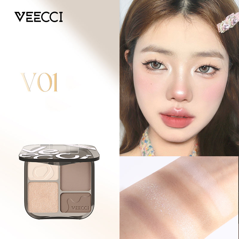 Veecci Quad Contour Palette - 4 Color Face Contouring & Highlighting Makeup Kit for Cheeks, Nose & Jawline | Perfect for Everyday Makeup & Professional Looks