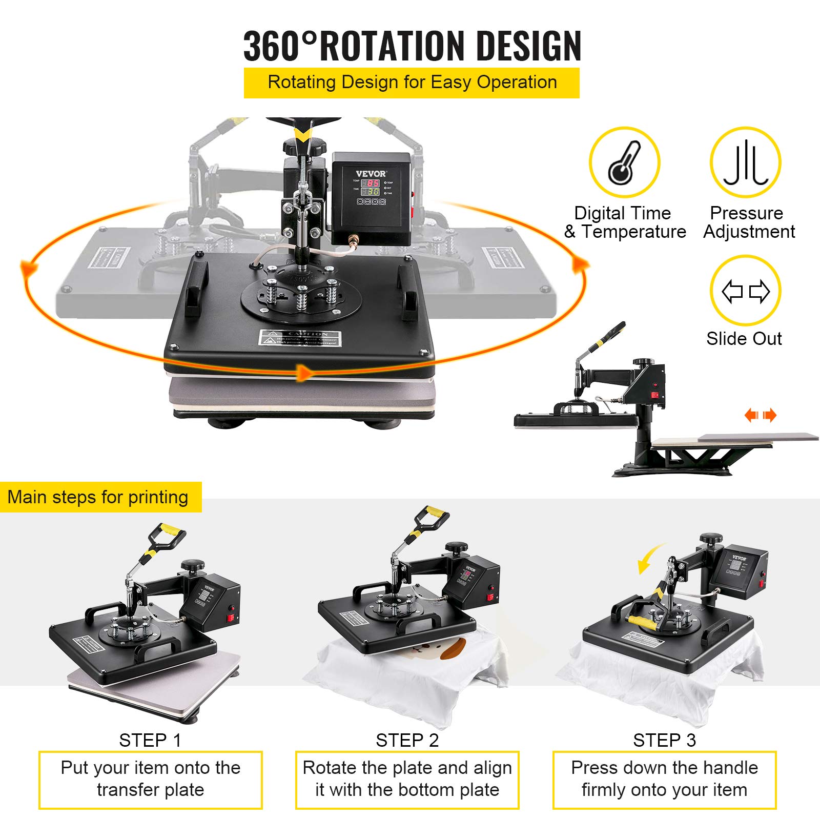 Mophorn 15x15 Inch 5-in-1 Heat Press Machine with Swing Away Design - T-Shirt Sublimation Printer, Mug, Hat & Plate Press Accessories - Teflon Coated Plates, ETL & FCC Certified (Black) - Perfect for DIY T-Shirts, Mugs, Hats & Custom Gifts