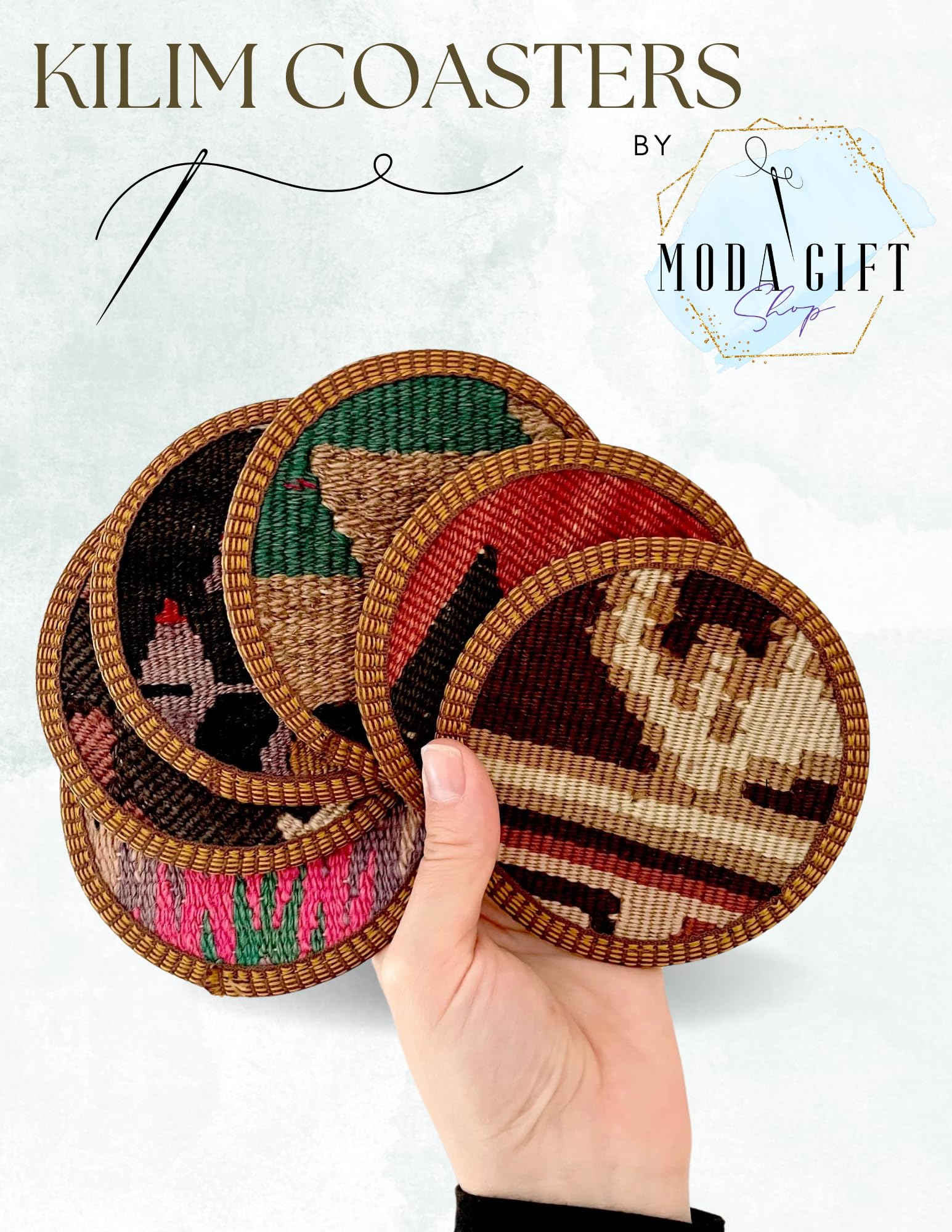Authentic Turkish Kilim Coaster Set - 6 Bohemian Fabric Coasters for Drinks, Midwestern Home Decor & Table Setting - Handwoven Cotton Coasters for Coffee Tables, Dining & Gift Giving