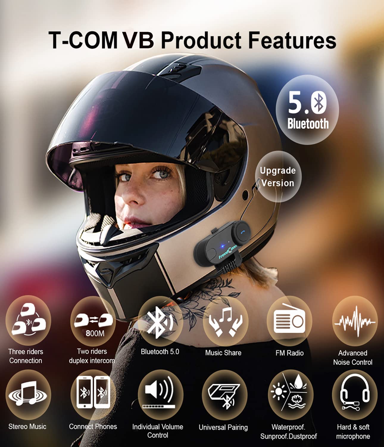 FreedConn Bluetooth Motorcycle Headset & TCOM VB Helmet Bluetooth Headset - 2-Way 800M Intercom, Universal Motorcycle Communication System Kit for Ski/ATV/Dirt Bike (FM/IP65/2-in-1 Mic/Siri Compatible) - 2 Pack - Perfect for Group Riding, Adventure Tours & Outdoor Sports