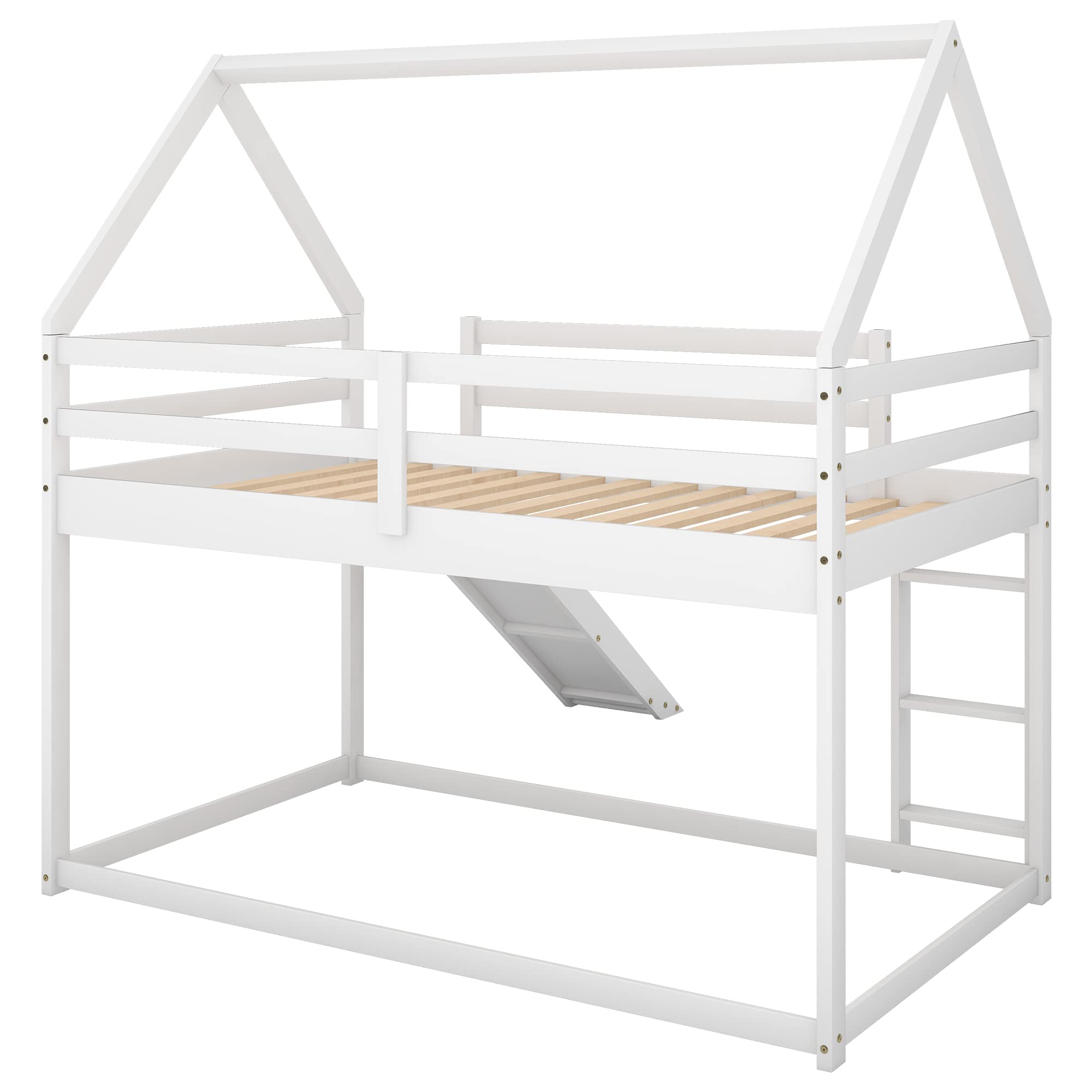 Merax Twin Over Twin Floor Bunk Bed with Slide - Sturdy Wooden Bunk Bed for Kids with Ladder, Safety Guardrail & Roof - Space-Saving Bedroom Furniture for Boys & Girls (White) - Perfect for Shared Kids' Rooms, Sleepovers & Small Spaces