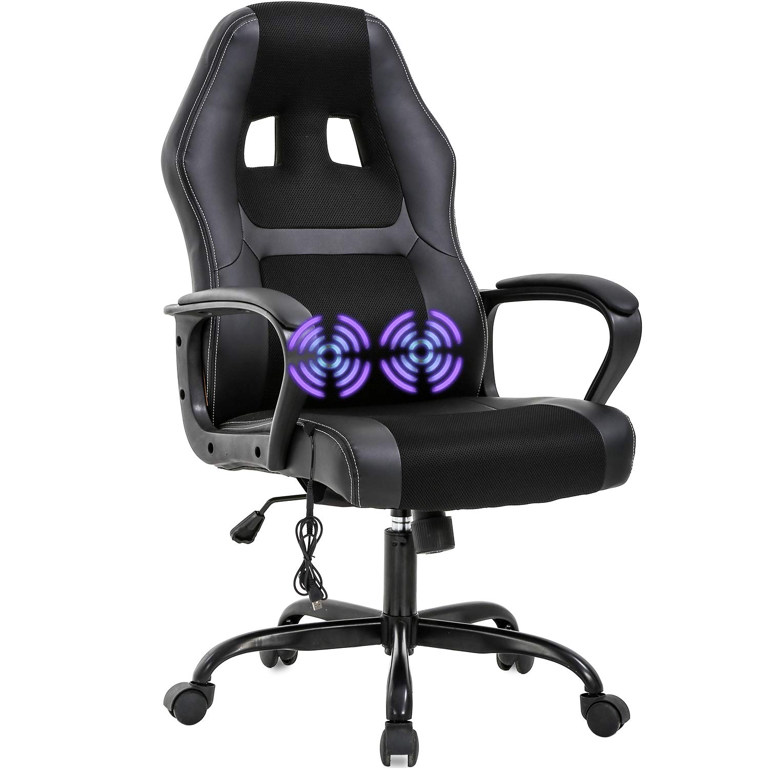 Ergonomic Gaming Office Chair with Massage - Adjustable PU Leather Racing Chair with Lumbar Support & Headrest - Swivel Rolling Computer Desk Chair for Adults & Women (Black) - Perfect for Home Office, Gaming Setup & Workstation Comfort