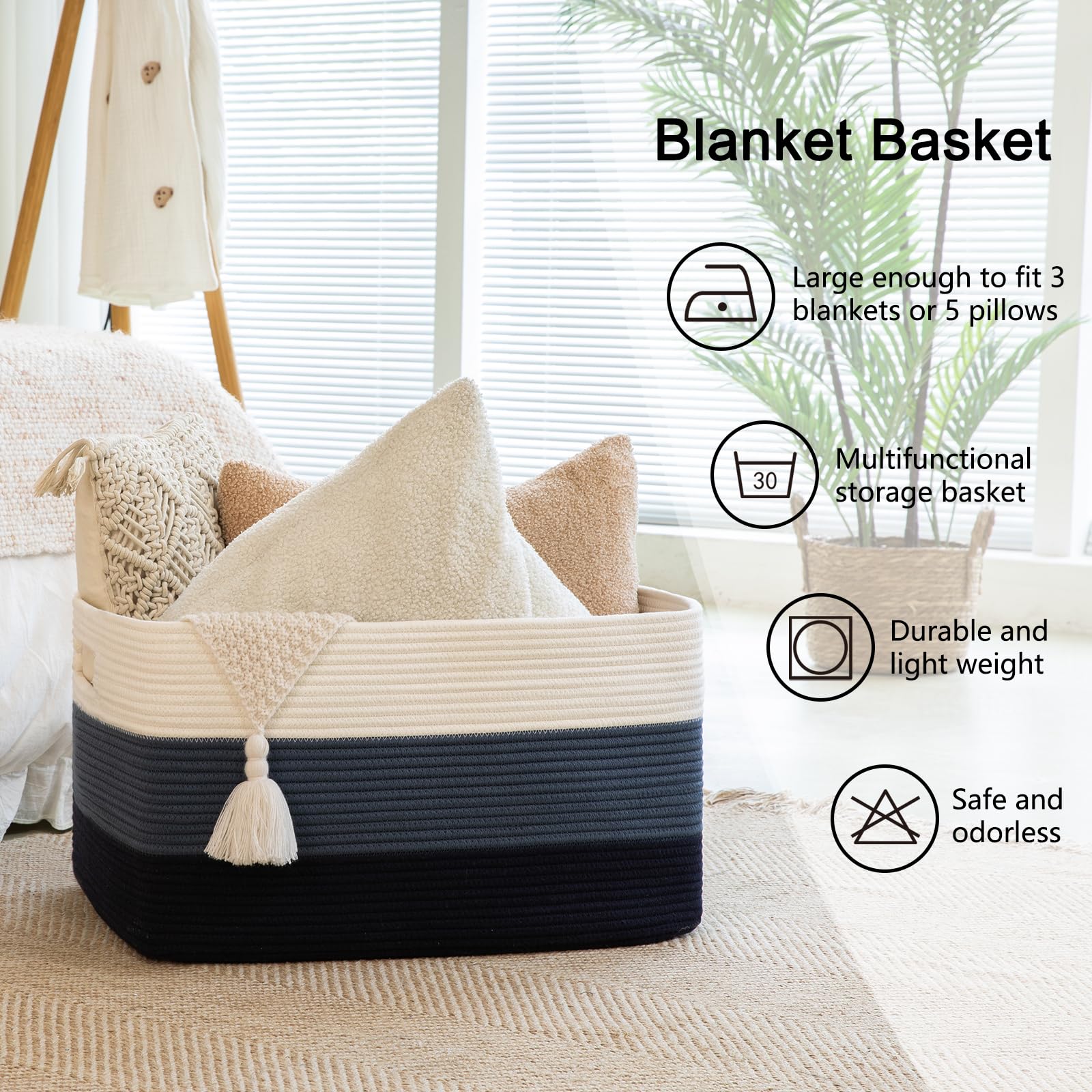 OIAHOMY Cotton Rope Storage Basket - 18”x14”x12” Rectangle Woven Organizer with Handles for Nursery, Living Room, Toys & Blankets - Gradient Blue Home Decor for Stylish Organization
