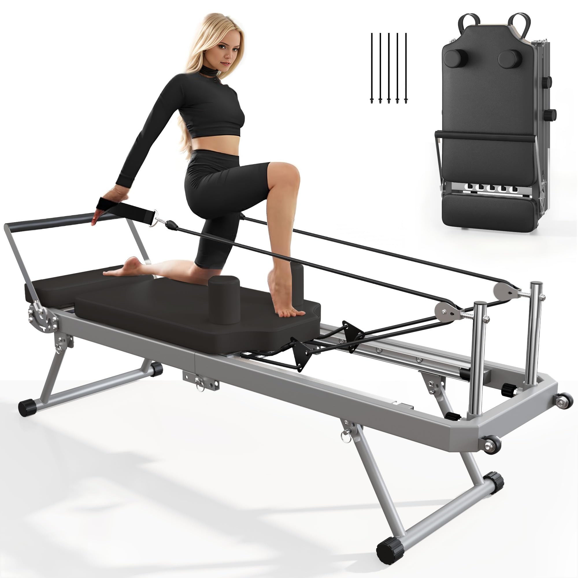 SogesPower Foldable Pilates Reformer Machine for Home Gym - High Strength Alloy Springs, 330lbs Weight Capacity - Perfect for Beginners & Full-Body Workouts - Ideal for Small Spaces & Home Fitness Studios