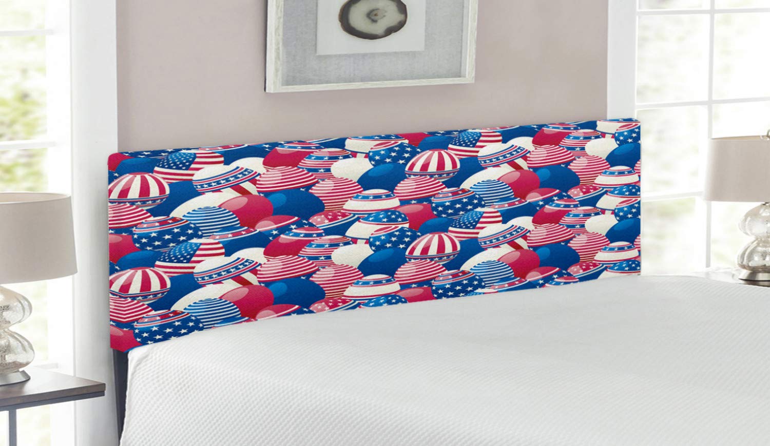 Ambesonne USA Queen Size Headboard - Traditional Easter Eggs & American Flag Print Upholstered Metal Bed Headboard with Memory Foam in Navy Blue, White & Red | Perfect for Patriotic Bedroom Decor & Holiday Themed Guest Rooms