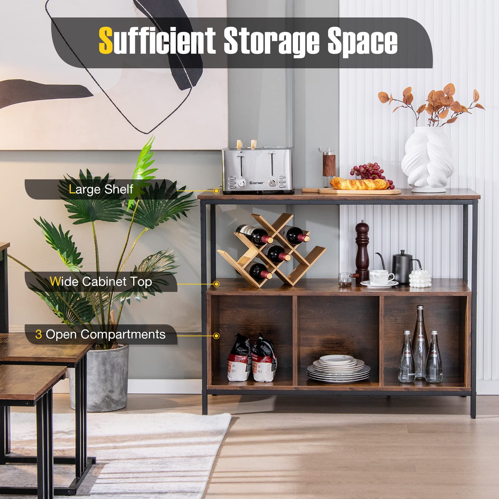 Industrial Buffet Table with Storage Cabinet & Shelves - Sideboard for Microwave, Coffee Bar & Kitchen Island | Perfect for Small Spaces, Dining Room & Home Office Organization