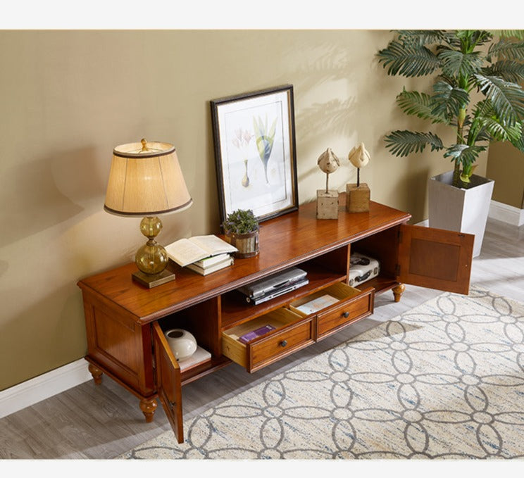 Calvin Glass Display 2 Drawer TV Console Coffee Table - American Classic Style Solid Wood Living Room Furniture for Home Decor & Entertainment Storage