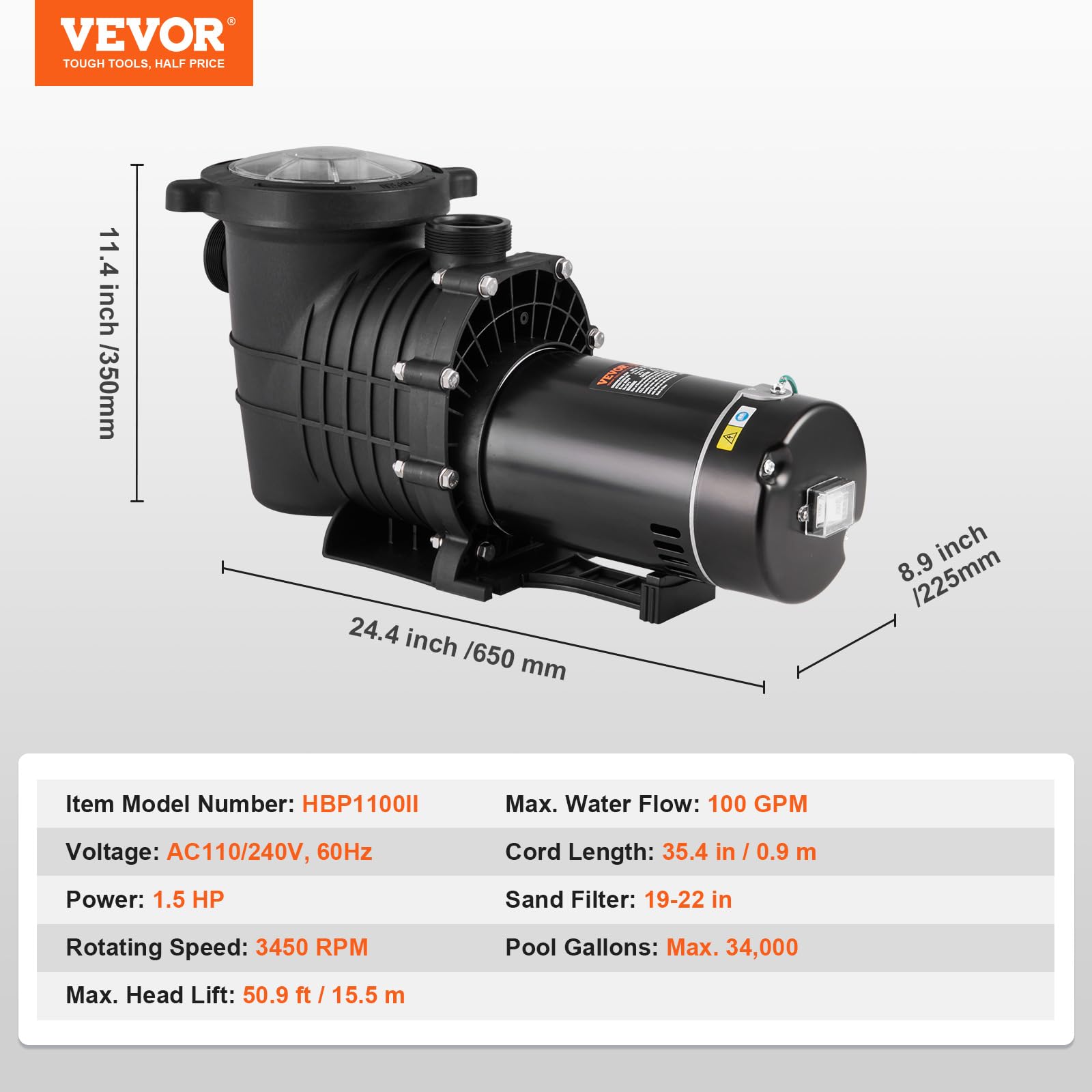 VEVOR 1.5 HP Above Ground Pool Pump - 100 GPM Single Speed Swimming Pool Pump with Filter Basket, 110V/240V 3450 RPM, 50.9 ft Max Head - Perfect for Above Ground Pools, Hot Tubs, Spas and Backyard Water Features