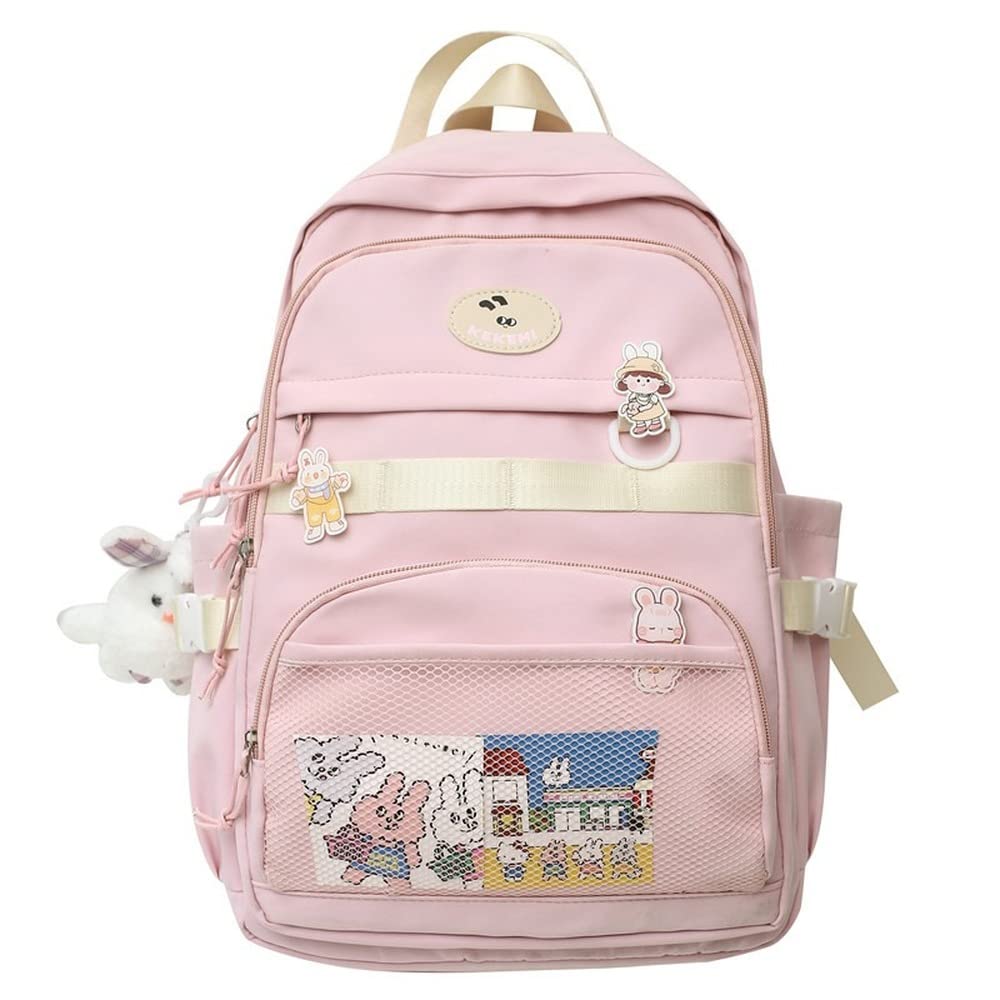 Cute Pink Large Capacity Girls School Backpack for Teenagers - Lightweight Laptop Travel Shoulder Bag with Pendant (11.8x5.1x16.9 inches) - Perfect for School, College, Work & Daily Commute