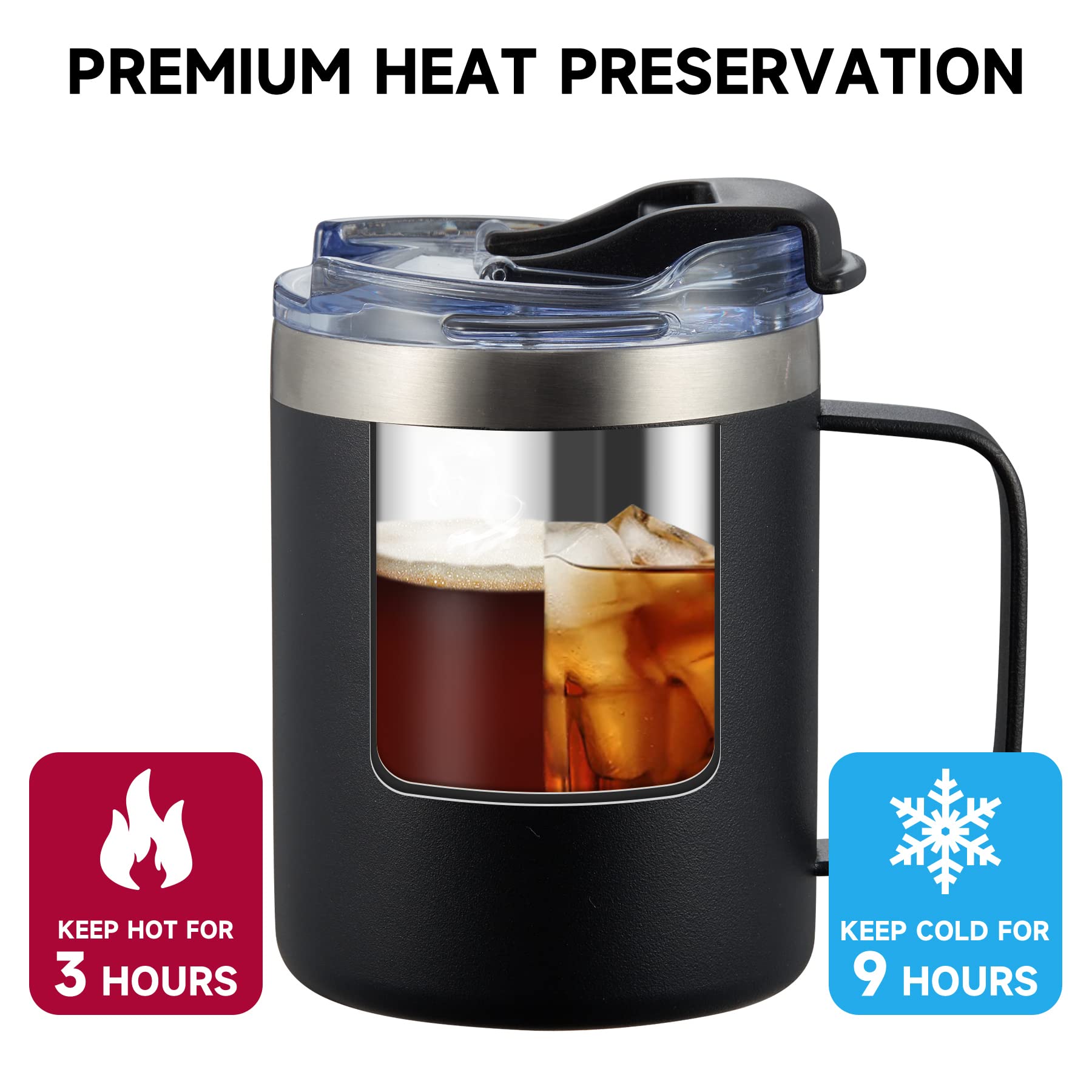 ALOUFEA 12oz Stainless Steel Vacuum Insulated Coffee Mug with Handle & Flip Lid - Double Wall Travel Tumbler for Hot/Cold Drinks - Perfect for Office, Commuting, Camping & Outdoor Activities (Red)
