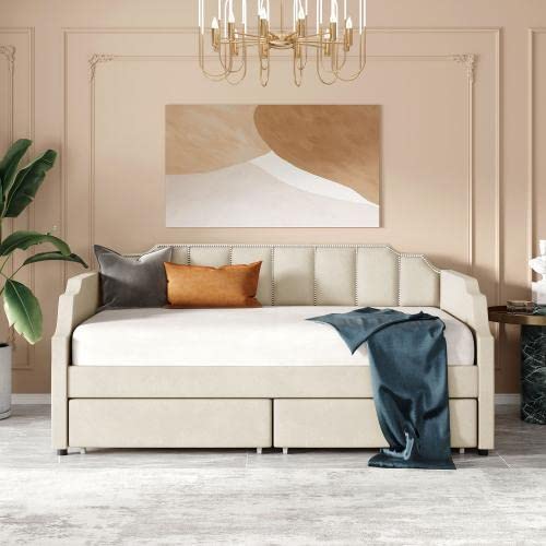 Twin Size Daybed Frame with 2 Drawers - Modern Upholstered Sofa Bed for Bedroom & Living Room, Beige | Space-Saving Sleeper Solution for Guest Rooms, Dorms & Small Apartments