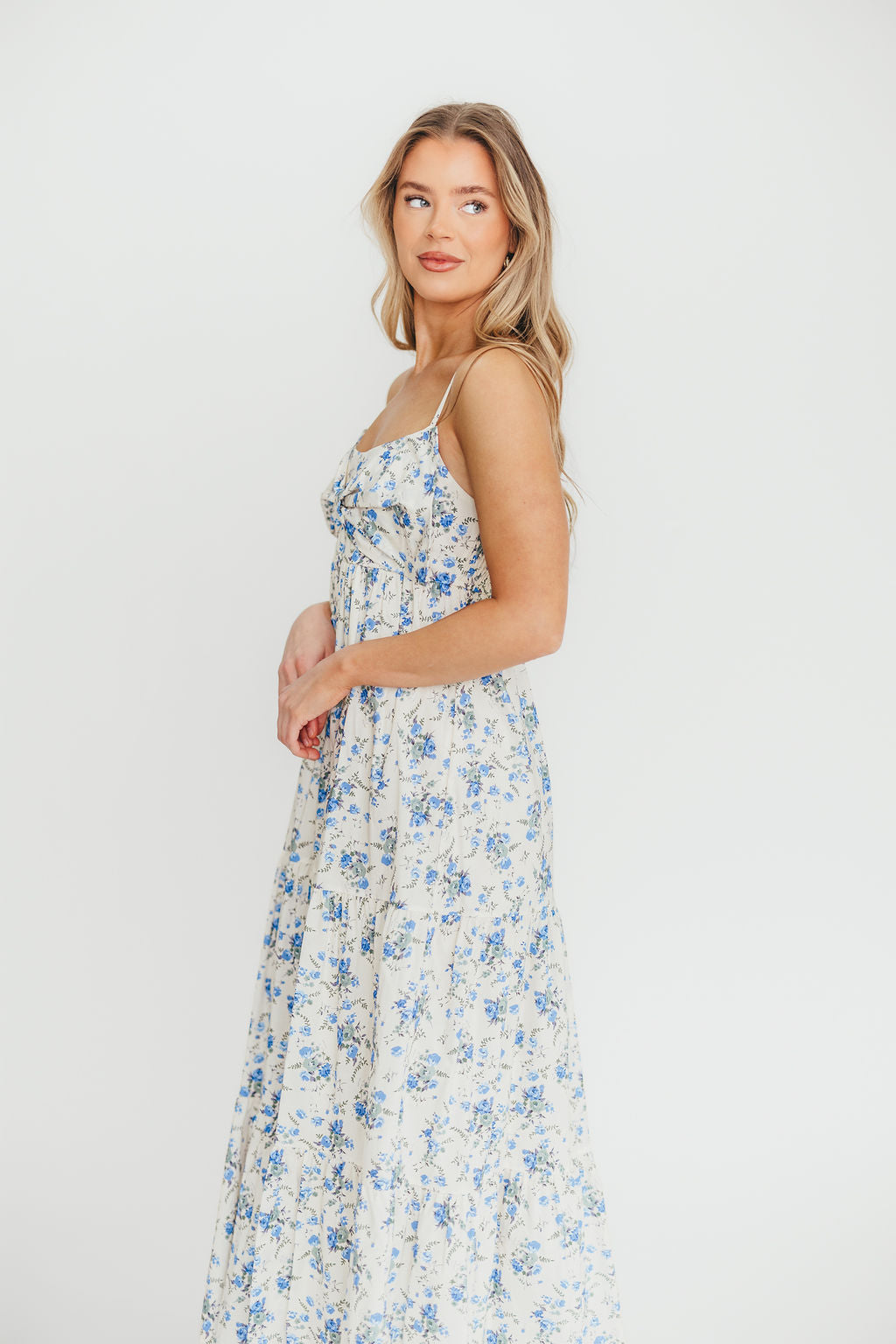 Cecile Women's 100% Cotton Floral Maxi Dress with Bow Front - Cream & Blue Floral Print - Perfect for Summer, Beach, Vacations & Casual Outings
