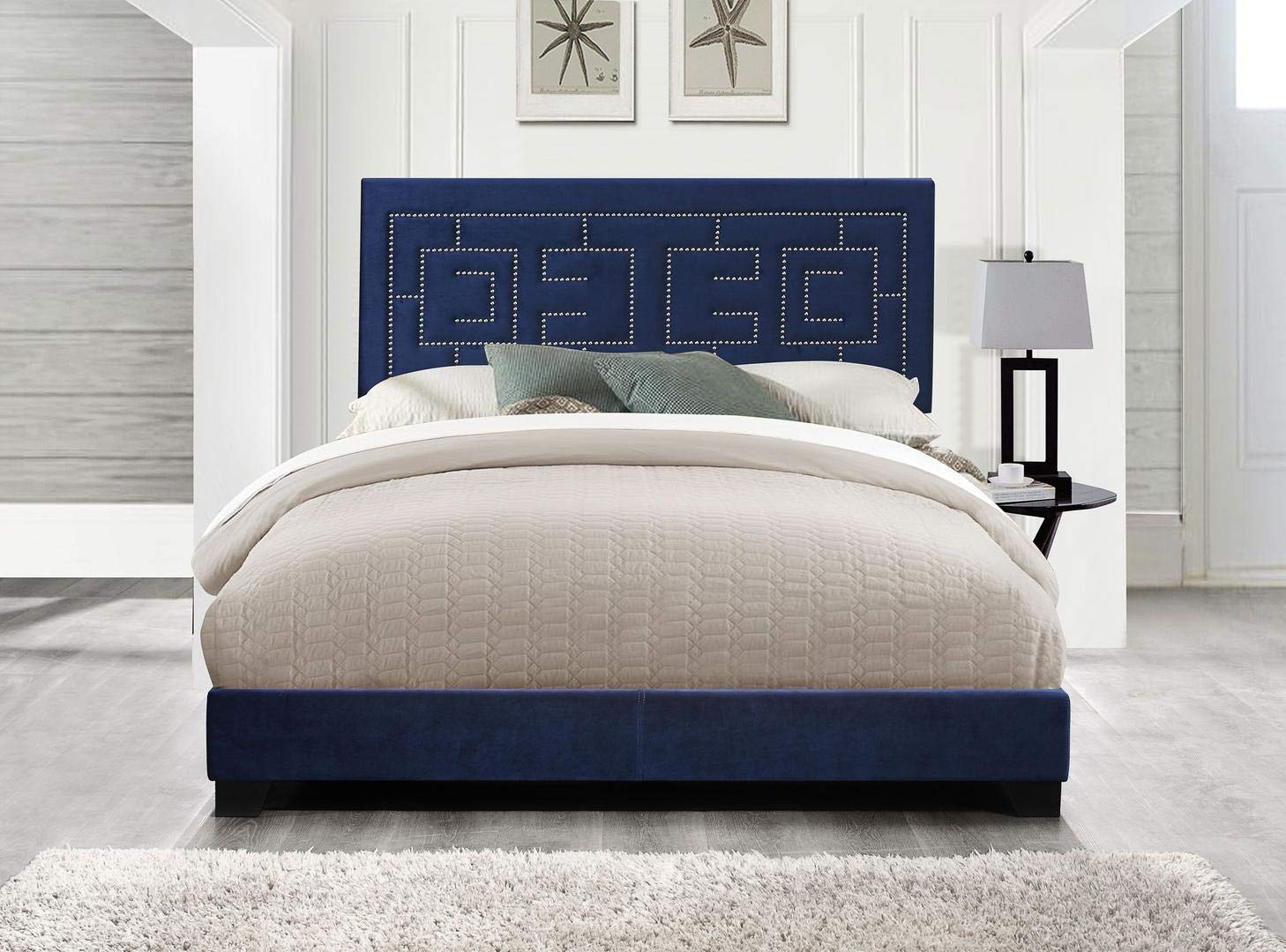 Modern Ishiko III Dark Blue Velvet Queen Bed Frame with Wooden Rectangular Headboard - Sturdy Wood Construction, Queen Size Bedroom Furniture for Master Bedroom, Guest Room & Luxury Home Decor