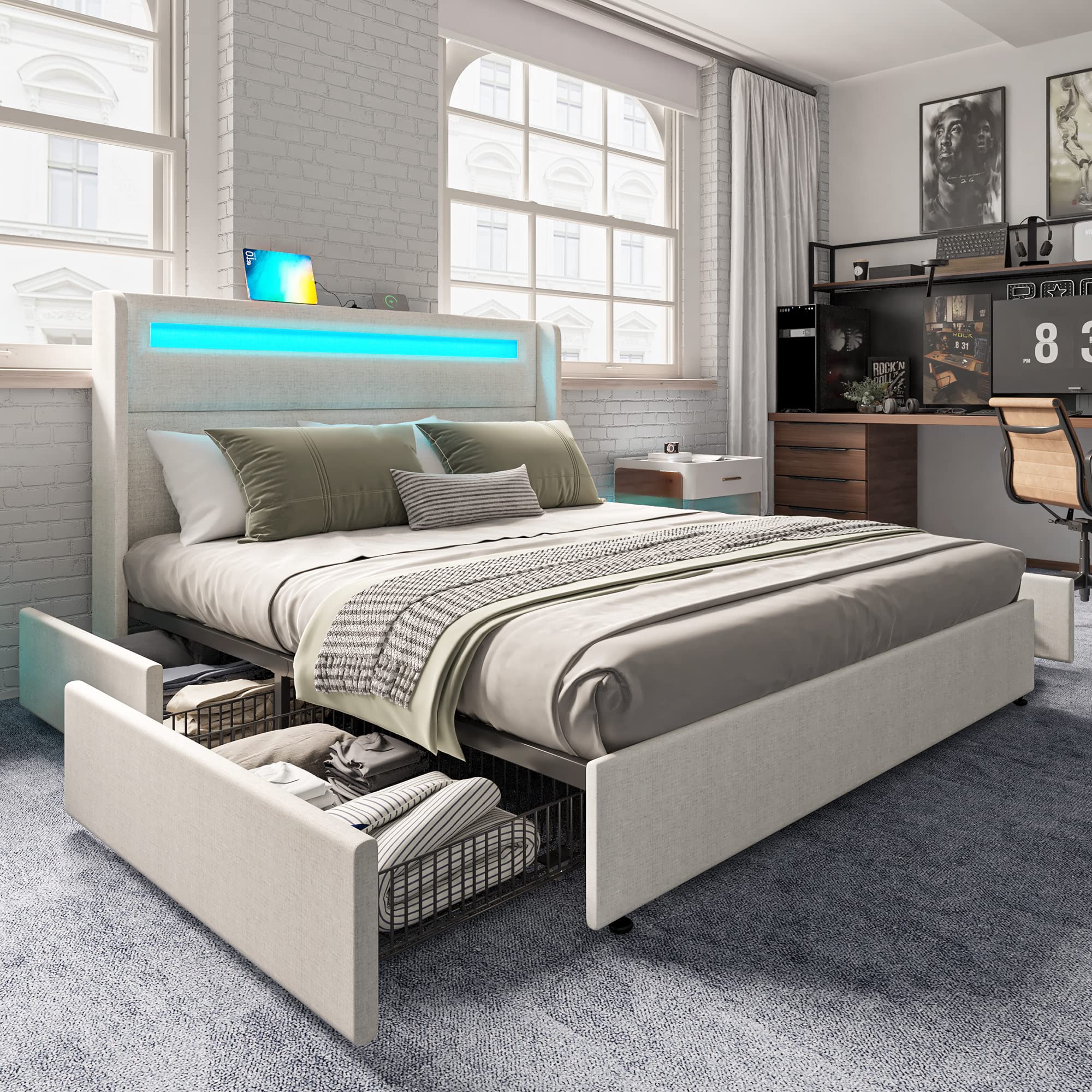 AMERLIFE Full Size LED Bed Frame with RGBW Headboard & 4 Storage Drawers - Upholstered Smart Platform Bed with USB/USB-C Charging Ports - Optional Box Spring - Cream Color for Modern Bedroom & Gaming Setup