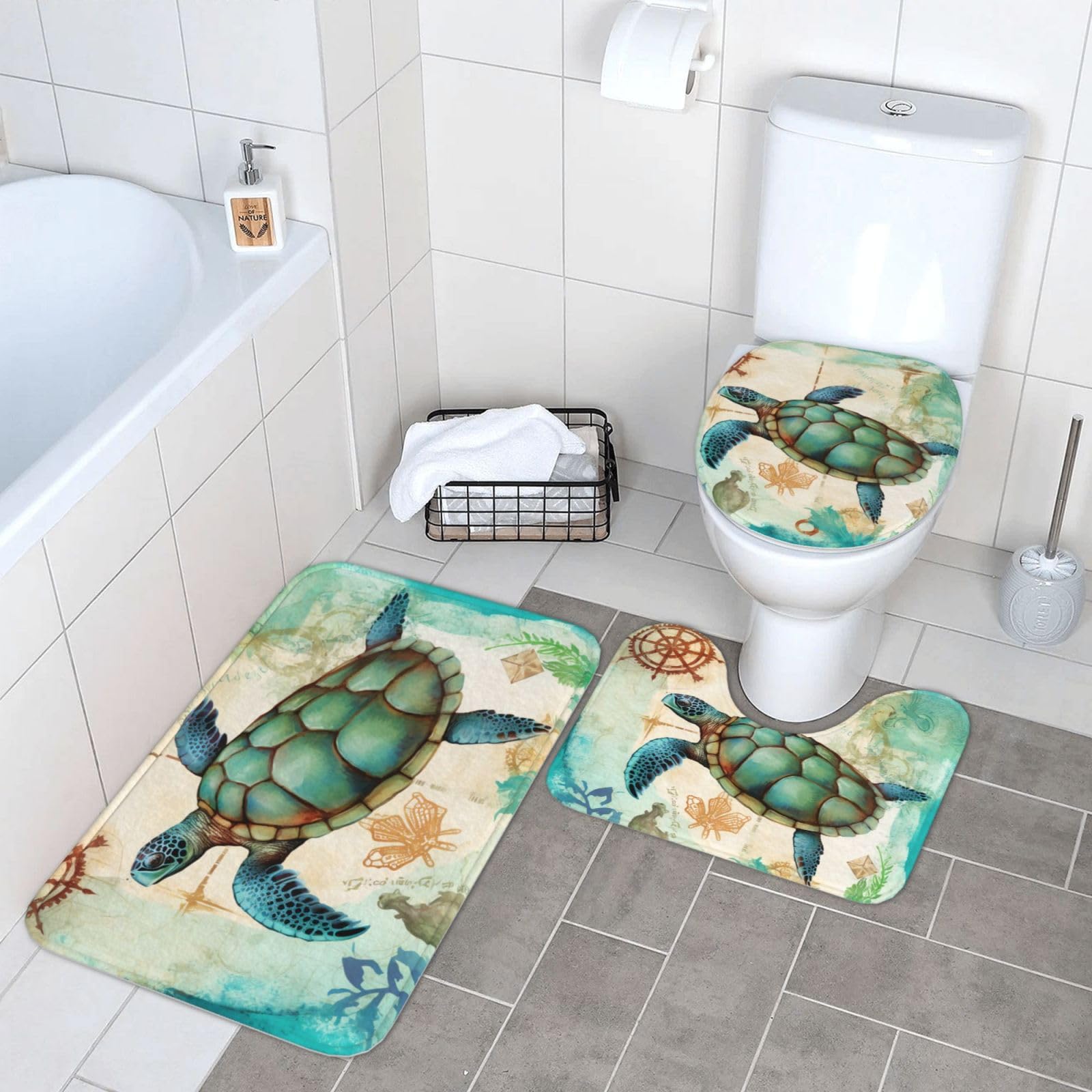Ocean Turtle Sea Bath Rugs 3-Piece Set - Non-Slip Flannel Bathroom Mats, U-Shaped Toilet Pedestal Rug & Toilet Lid Cover - Soft & Absorbent for Bathroom, Beach House & Coastal Decor