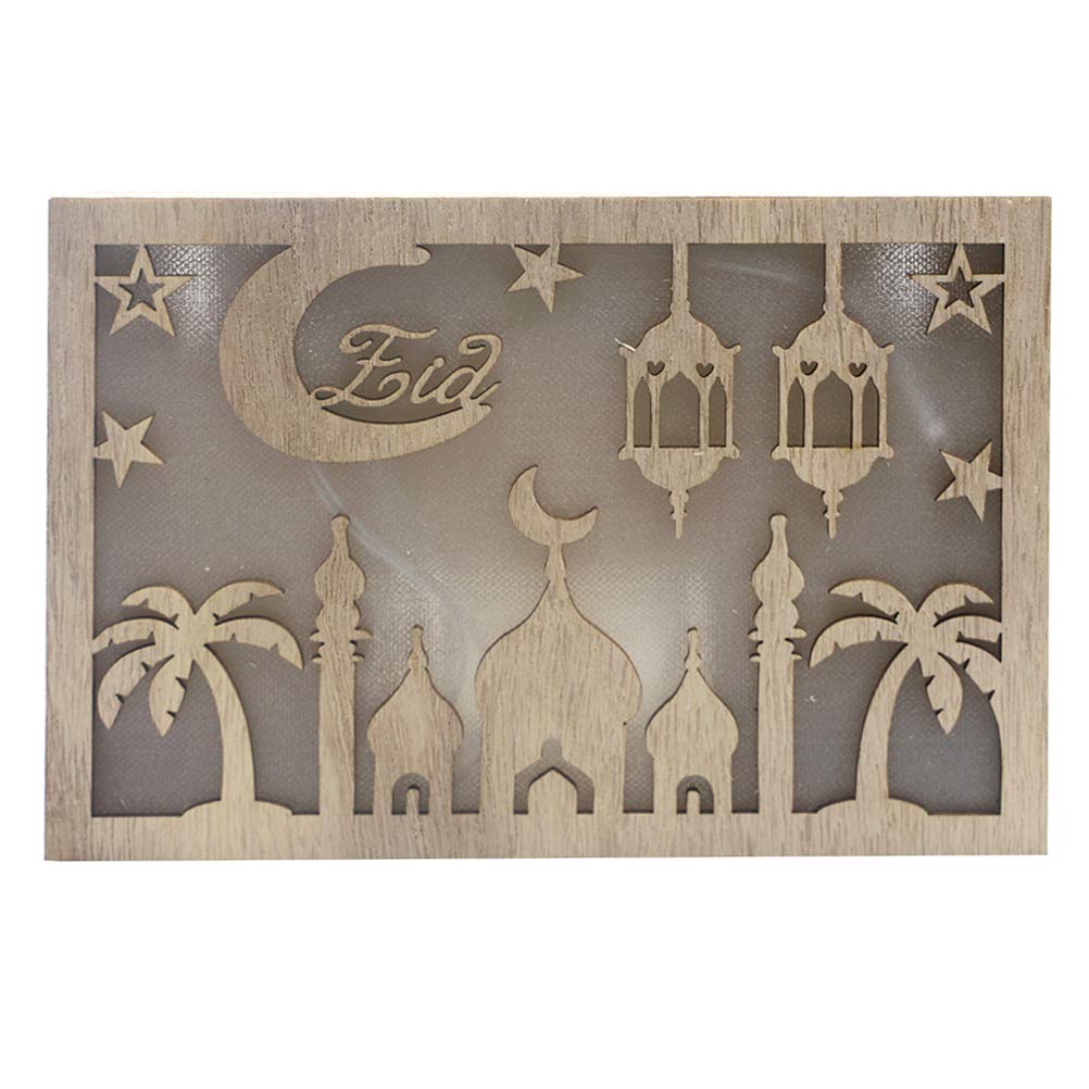 VALICLUD Square Wooden Wall Hanging Lamp - Hollow Castle Pattern LED Light Decor for Home, Office, Ramadan & Eid Decorations - Battery-Free Desktop Ornament (Natural Wood Finish) | Perfect for Islamic Holidays, Bedroom Lighting & Gift Giving