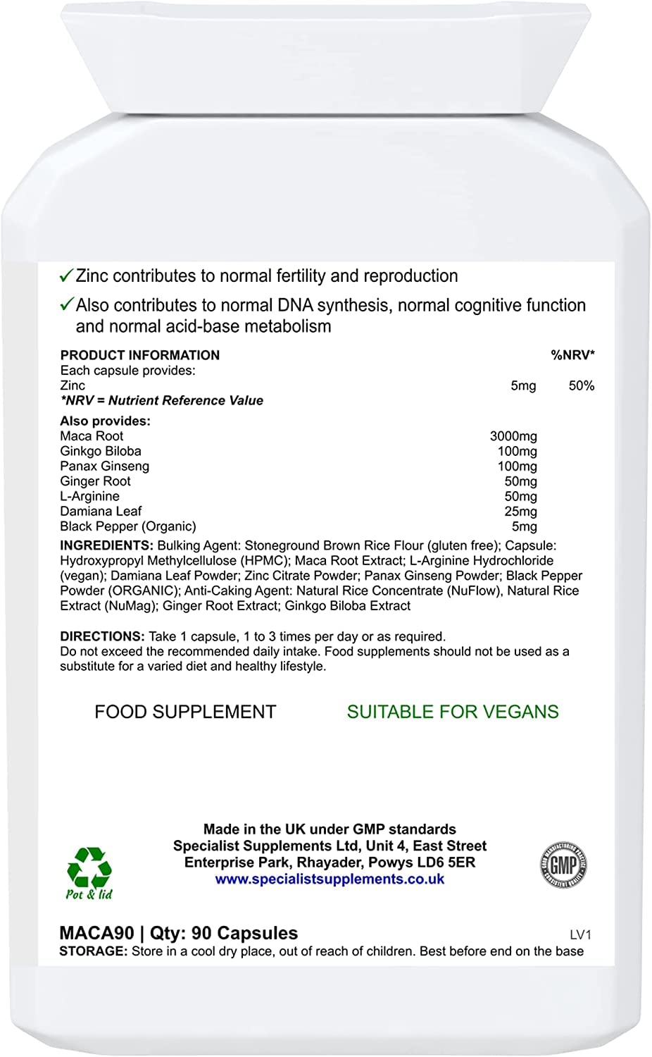 Specialist Supplements Maca Complex Plus 90 Capsules - Natural Energy & Vitality Booster for Men & Women - Supports Hormonal Balance & Stamina - Perfect for Fitness, Workout & Daily Wellness