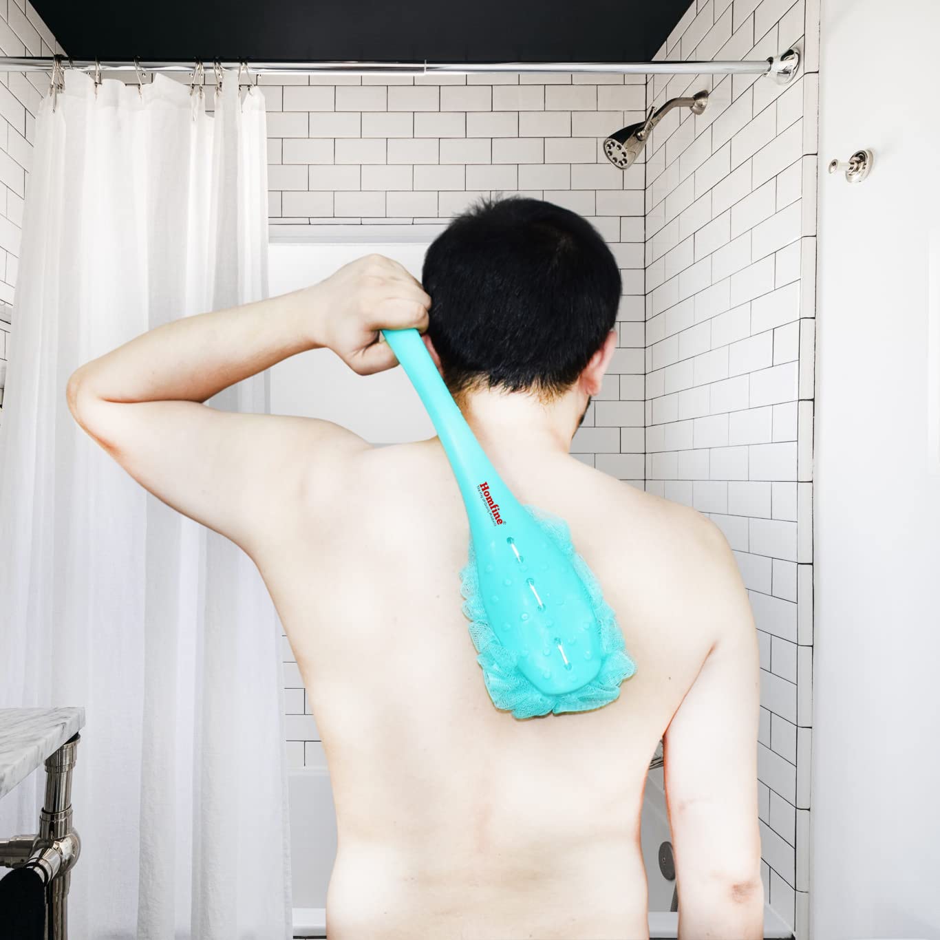 Homfine Long Handle Bath Loofah Sponge Brush - Exfoliating Back Scrubber for Shower, Massage & Deep Cleaning (Aqua Green) - Perfect for Hard-to-Reach Areas & Relaxing Spa Experience