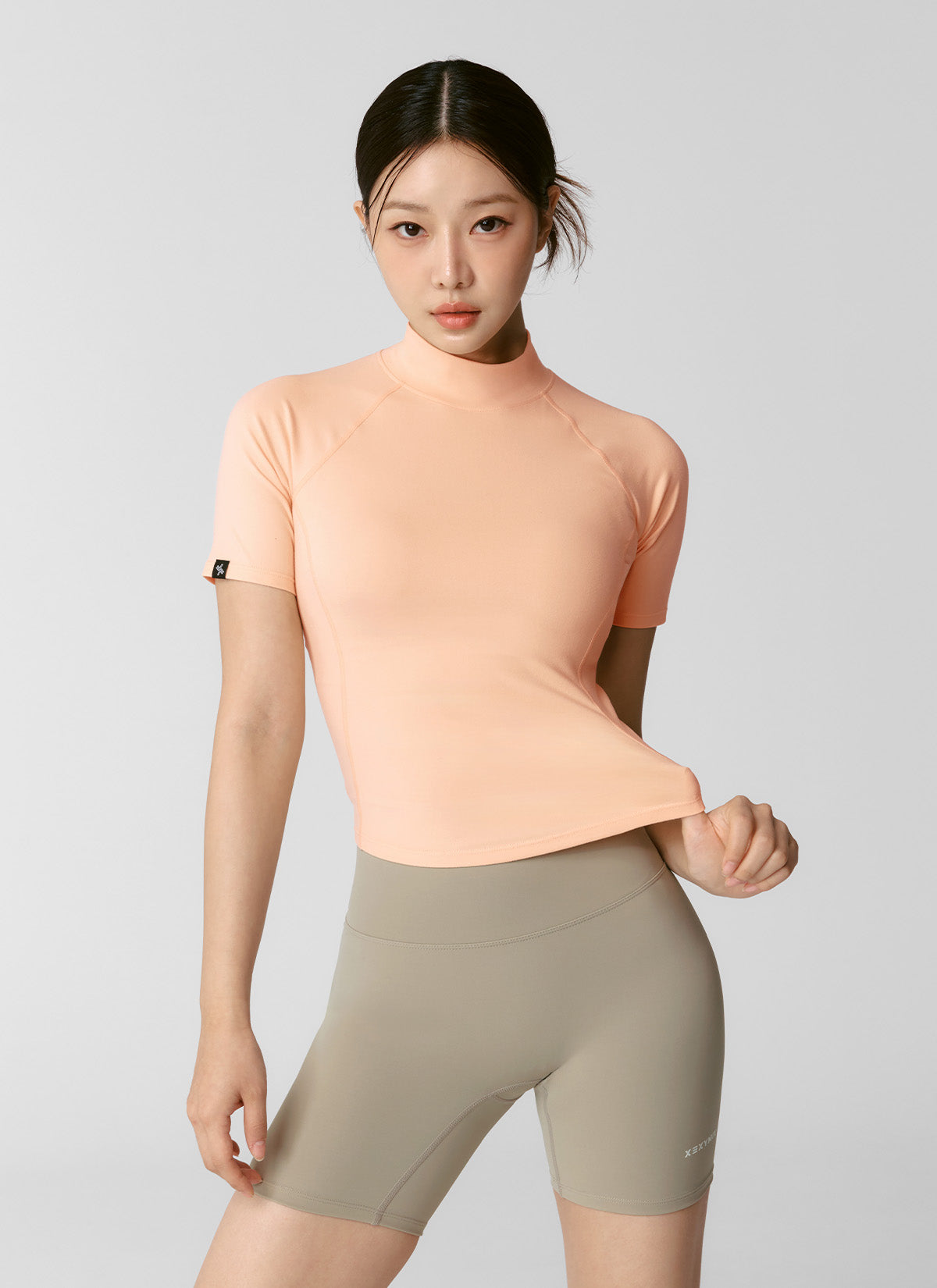 Peach-Colored Mock Neck Short Sleeve T-Shirt for Women - Casual Summer Top for Outings & Date Nights