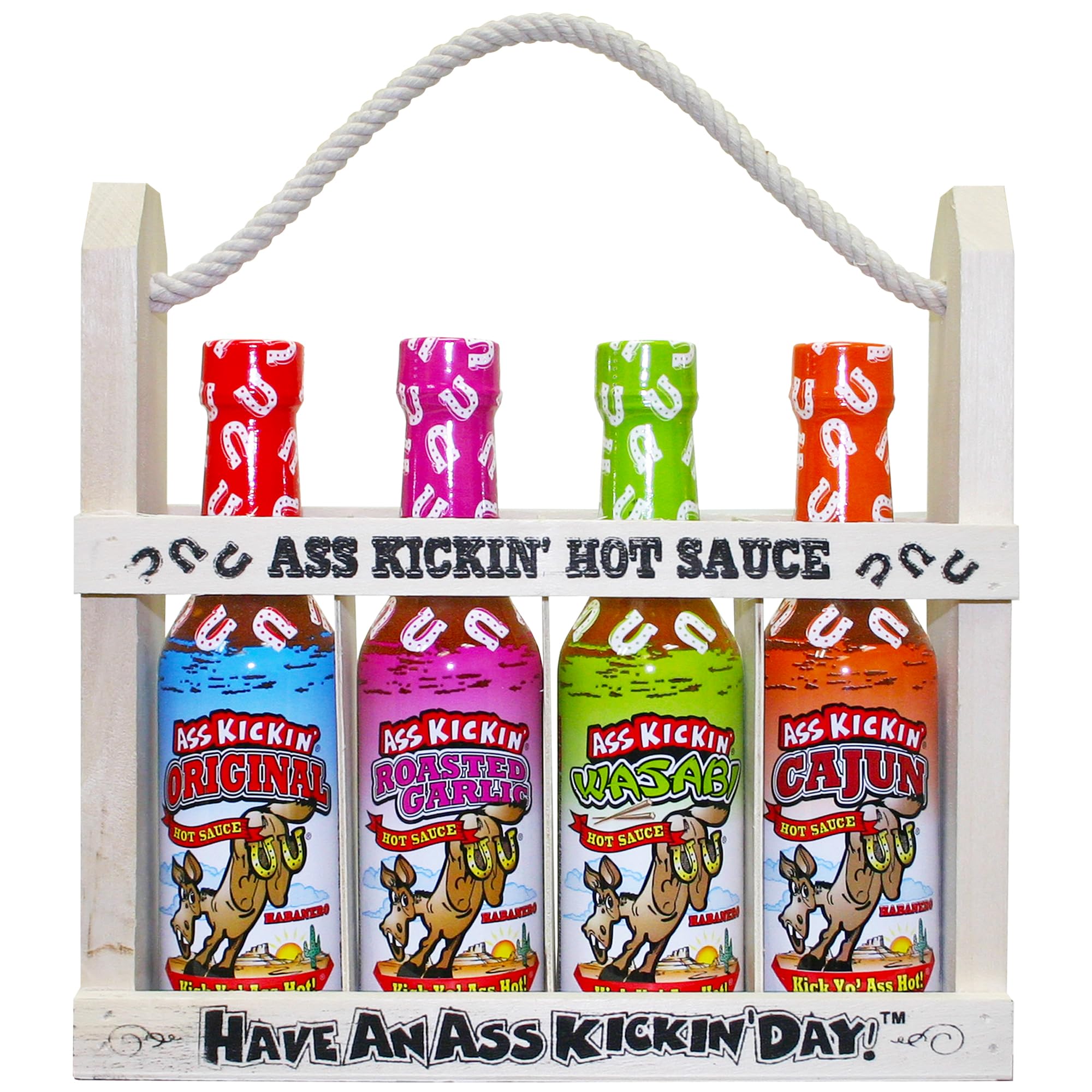 ASS KICKIN' Premium Hot Sauce Gift Set - 4 Pack 5oz Bottles with Wooden Holder | Spicy Gourmet Hot Sauce Collection | Perfect for Christmas Gifts, Stocking Stuffers & Hot Sauce Lovers | Great for BBQ, Tacos, Wings & Cooking