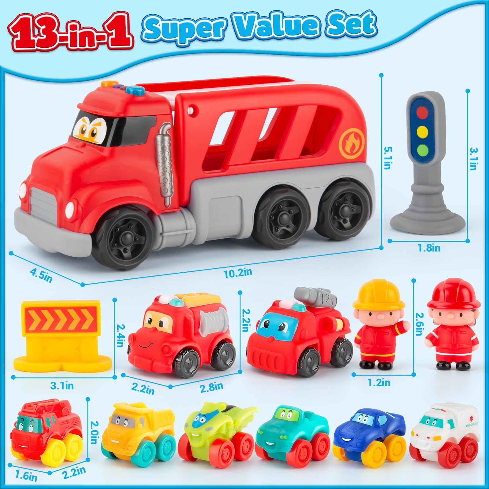 13PCS Soft Rubber Cartoon Car Toys for 1-3 Year Old Boys - Safe Baby Vehicle Playset with Trailer for Toddlers Age 12-24 Months | First Birthday Gift, Valentine's Present | Perfect for Playtime, Learning & Early Childhood Development
