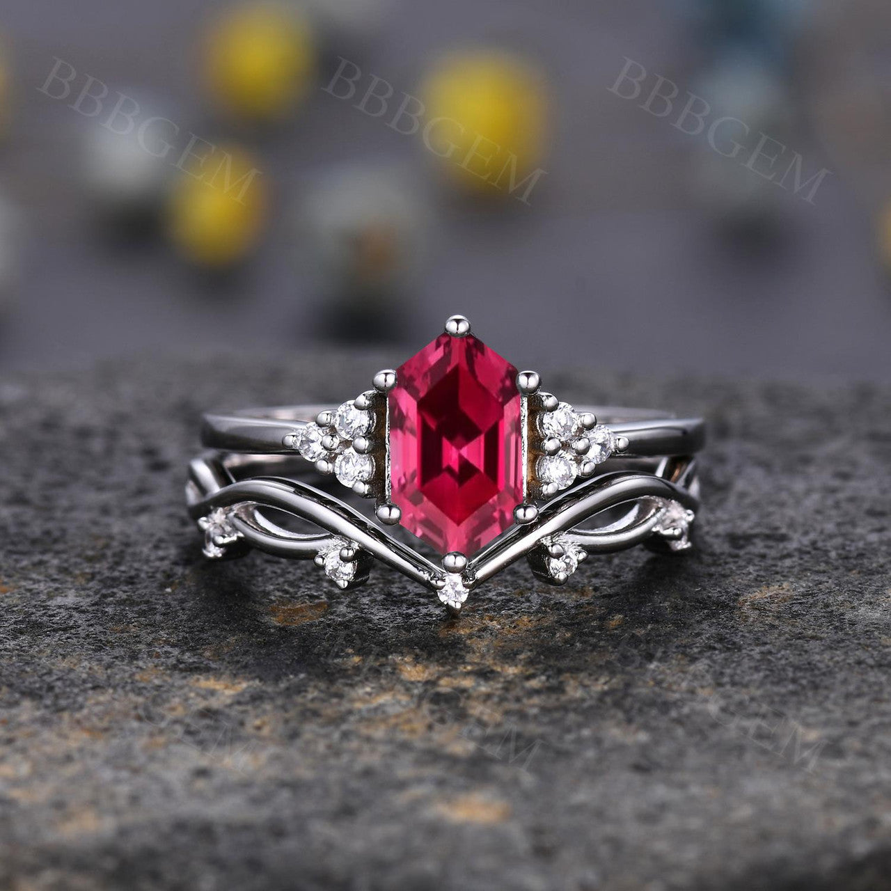 Hexagon Ruby and Diamond White Gold Wedding Ring Set - Nature-Inspired Twig Leaf Vine Cluster Design for Women - Perfect for Engagement, Anniversary, and Special Occasions