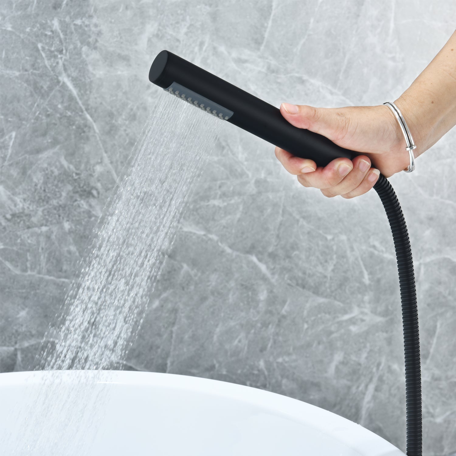 Gnosall Freestanding Bathtub Faucet with Double Lever Handle & Hand Shower - Floor Mounted Tub Filler for Luxury Bathroom & Spa Experience