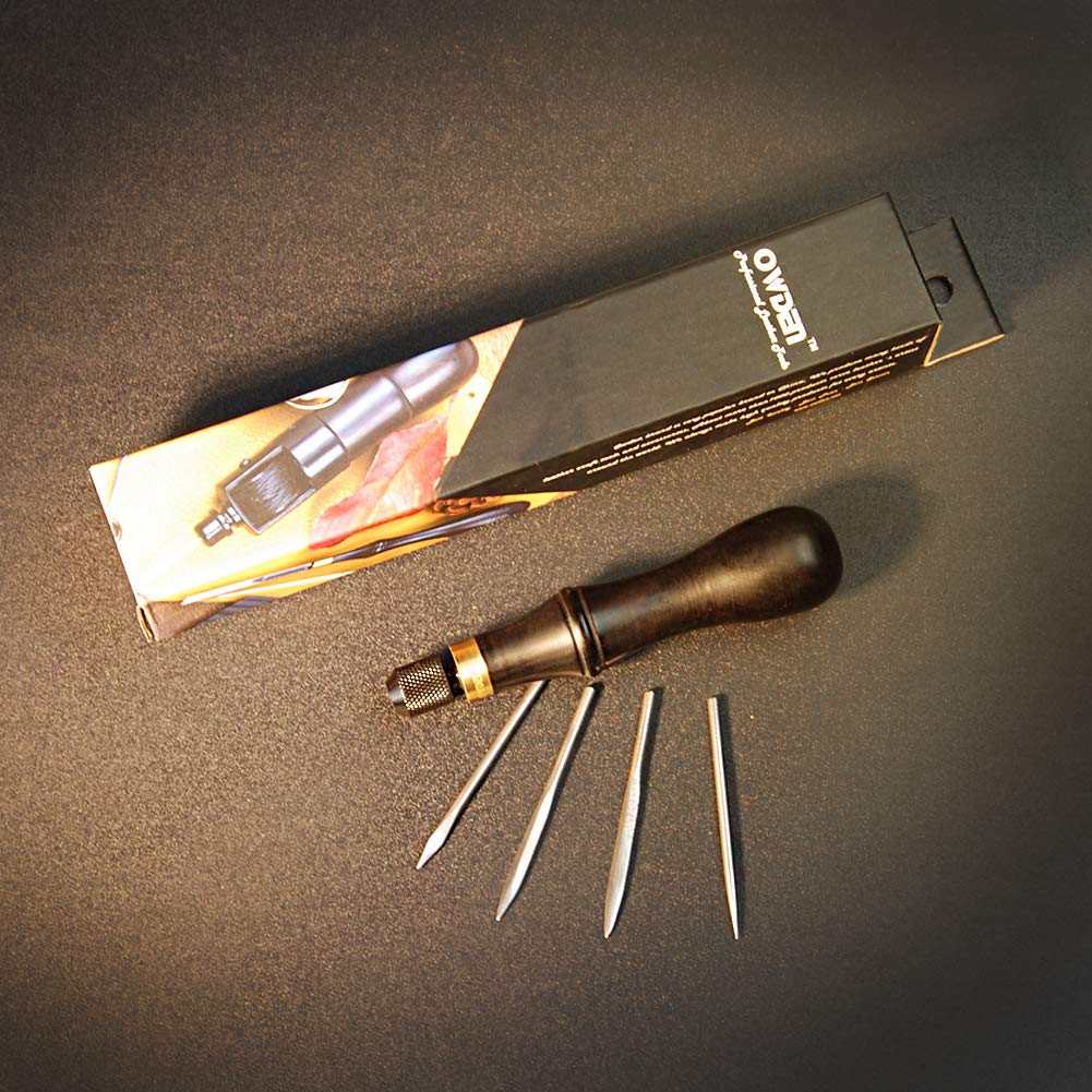 OWDEN Professional 4-in-1 Leather Craft Tool Set - Awl, Stitching Punch, Needle & Threader for DIY Leatherworking, Repair & Crafting Projects (Perfect for Belts, Wallets, Bags & Leather Accessories)