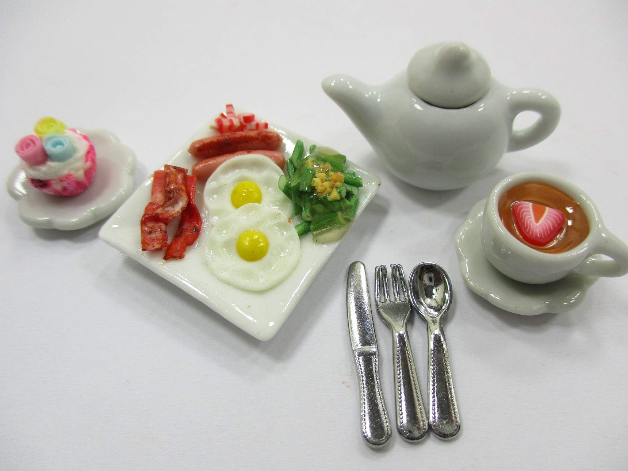 Miniature Dollhouse Breakfast Ceramic Tea Set - Tiny Food Accessories for Dollhouse Play & Collecting - Perfect for DIY Miniature Scenes & Model Displays