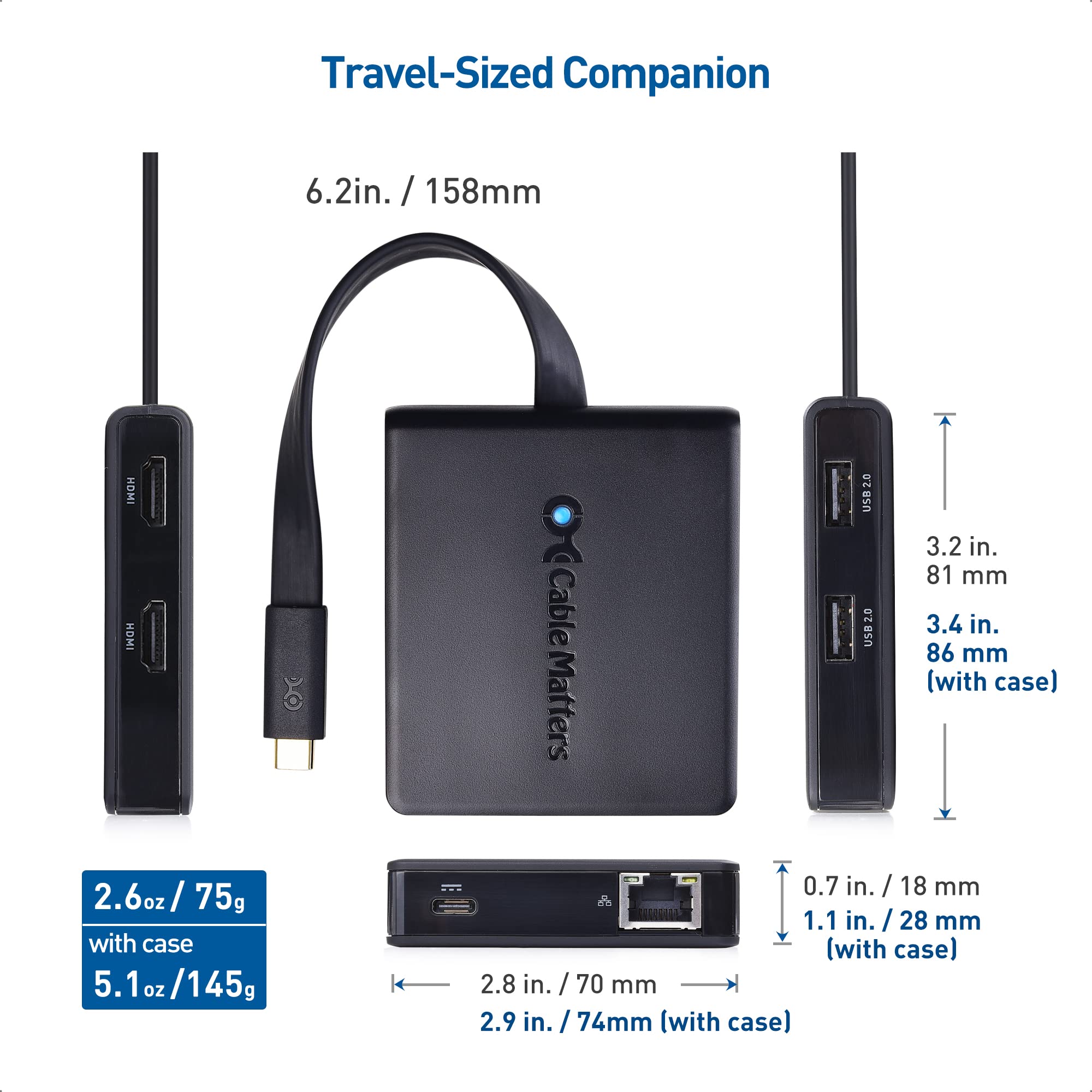 Cable Matters Dual Monitor USB C Hub with Dual 4K HDMI, 2 USB 2.0 Ports, Gigabit Ethernet & 100W PD Charging - Thunderbolt 4/3 & USB4 Compatible Dock for Windows Laptops - Perfect for Home Office & Multi-Screen Workstations