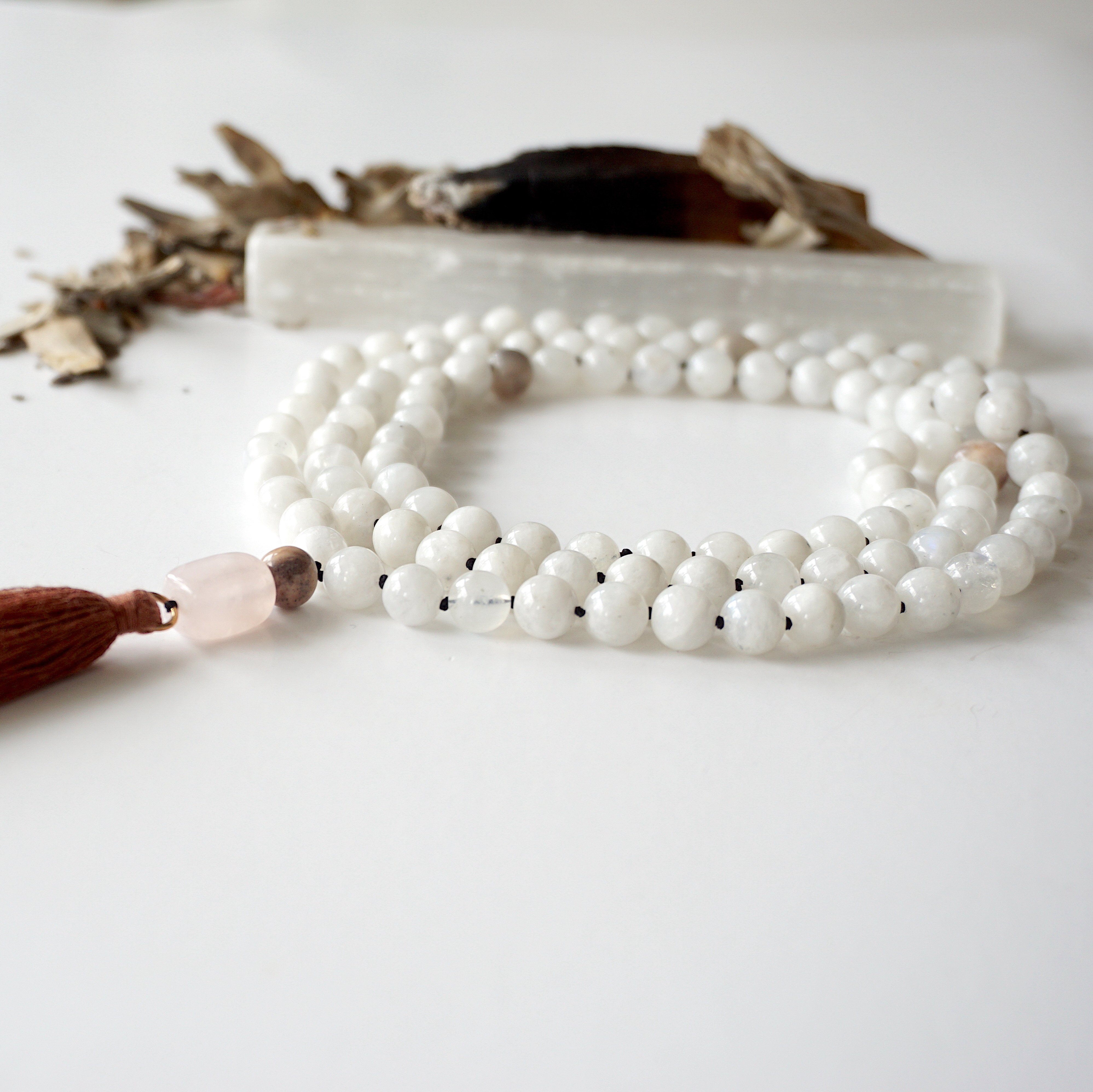 Moonstone and Rose Quartz Mala Necklace - Healing Crystal Beads for Meditation, Yoga & Spiritual Balance | Perfect for Mindfulness Practice & Stress Relief