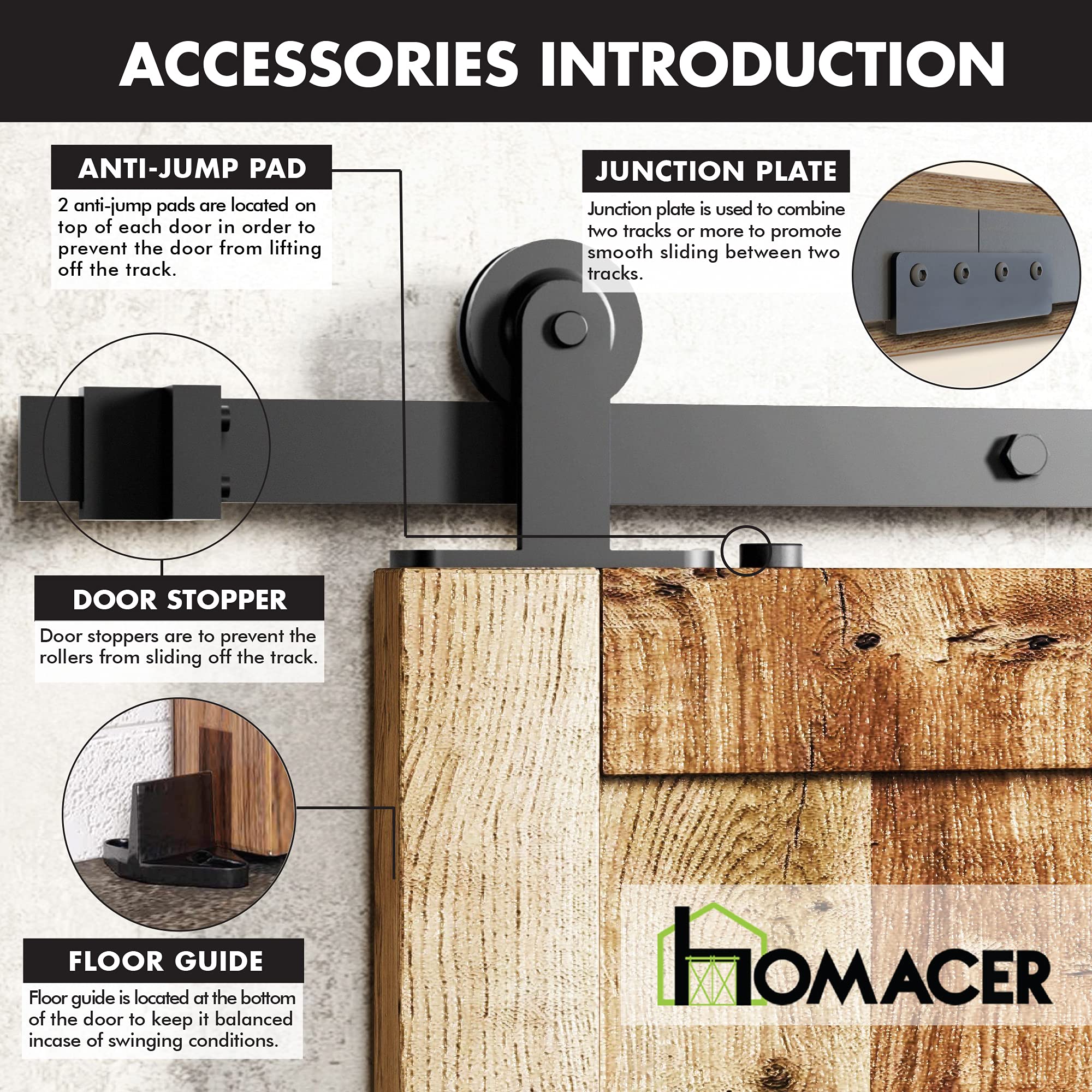 Homacer Black Rustic Non-Bypass Sliding Barn Door Hardware Kit - Heavy Duty T-Shape Roller Design for Double Doors with 4ft Flat Track | Interior & Exterior Use | Perfect for Farmhouse, Loft, and Industrial Style Homes