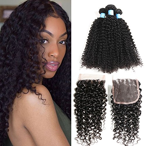 BLY 7A Mongolian Kinky Curly Human Hair Weave - 3 Bundles (12/14/16 Inch) with 10 Inch Closure - Unprocessed Virgin Hair for African American Women - Natural Black Color - Perfect for Protective Styles, Wig Making & Everyday Wear
