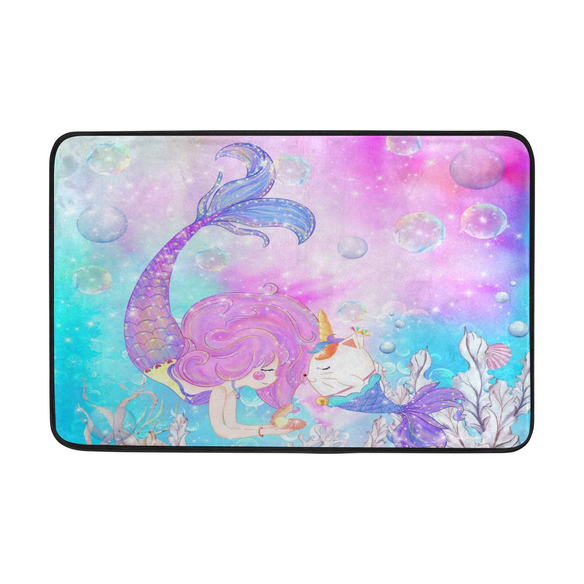 Non-Slip Super Absorbent Bath Mat - Mermaid Unicorn Design in Pink & Blue with Cat Fish Pattern, 24x16 Inch Bathroom Rug for Indoor Use, Carpet Doormat & Floor Dirt Trapper | Perfect for Bathrooms, Laundry Rooms & Entryways