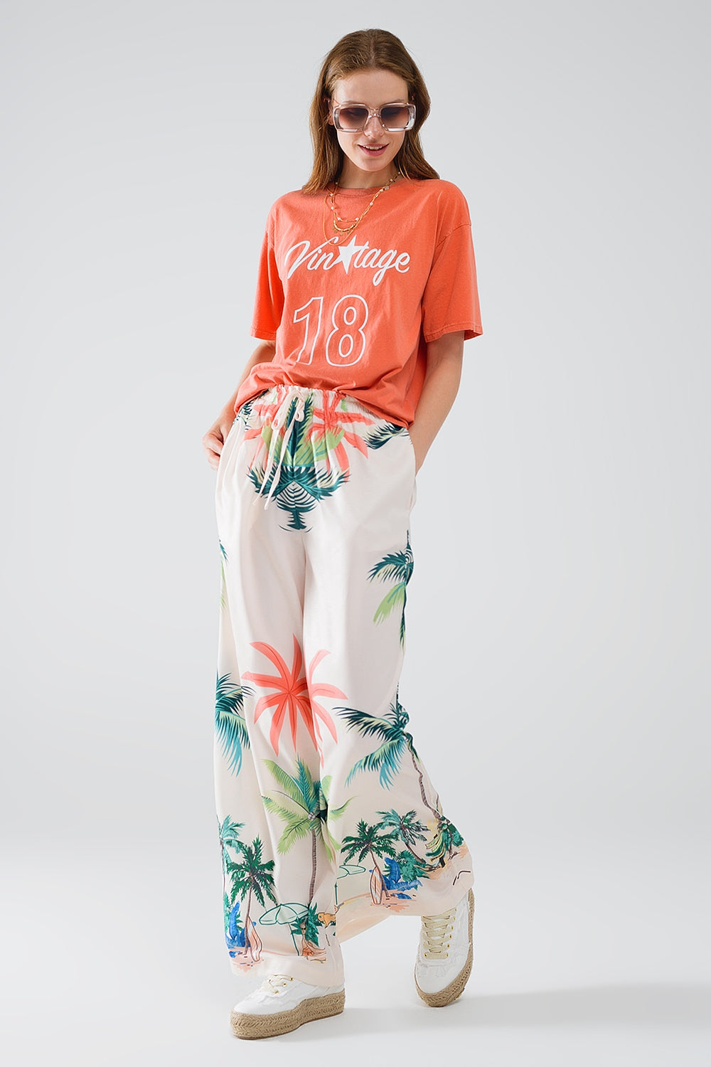 Women's Cream Beach Print Elastic Waist Straight Leg Pants - Perfect for Summer Vacations, Casual Outings, and Beach Getaways