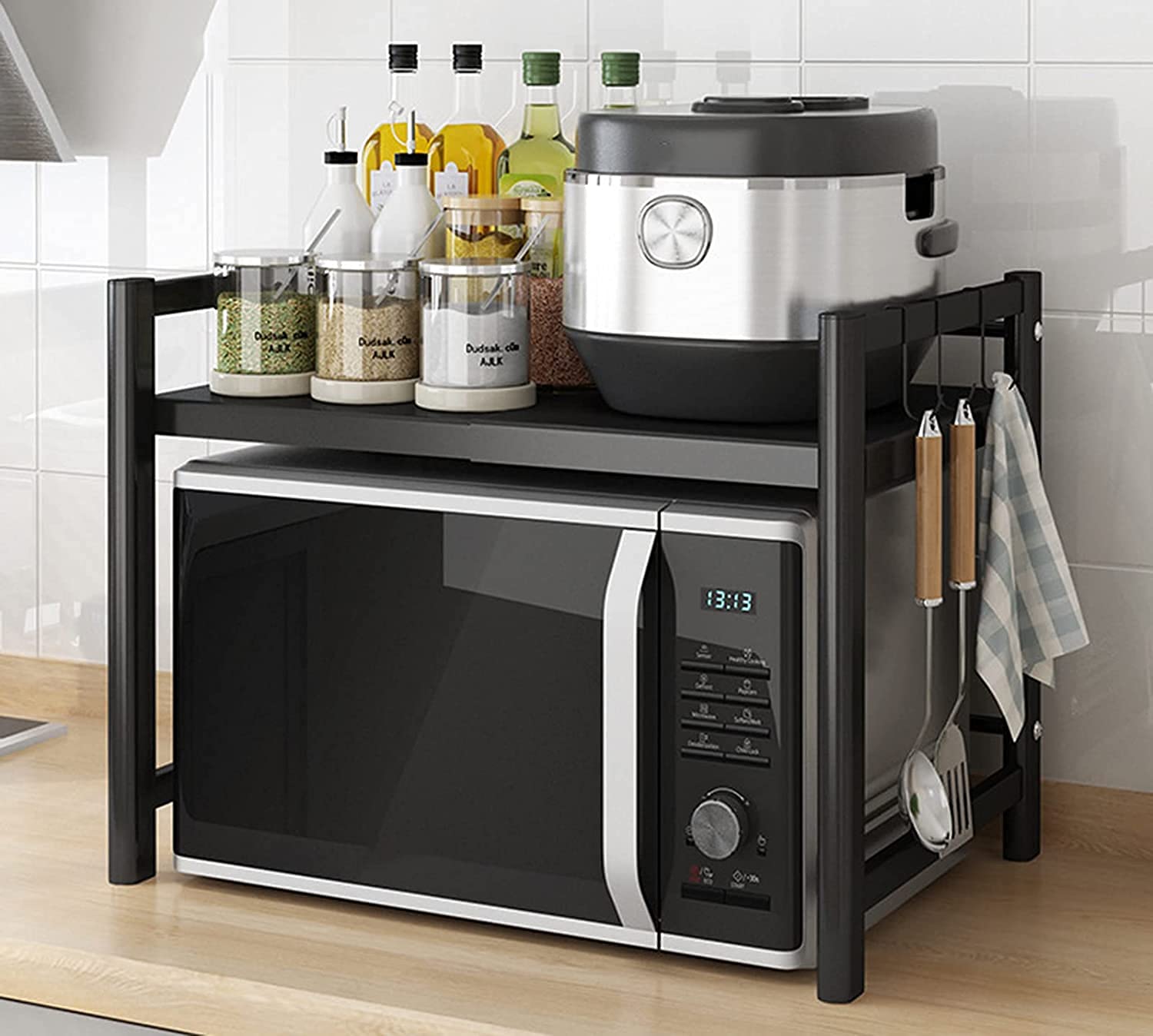 Livronic Expandable Microwave Oven Rack - 2-Tier Carbon Steel Kitchen Storage Shelf Organizer with 3 Hooks | Space-Saving Floor Standing Microwave Stand for Small Kitchens, Dorms & Apartments | Perfect for Organizing Spices, Utensils & Cooking Essentials
