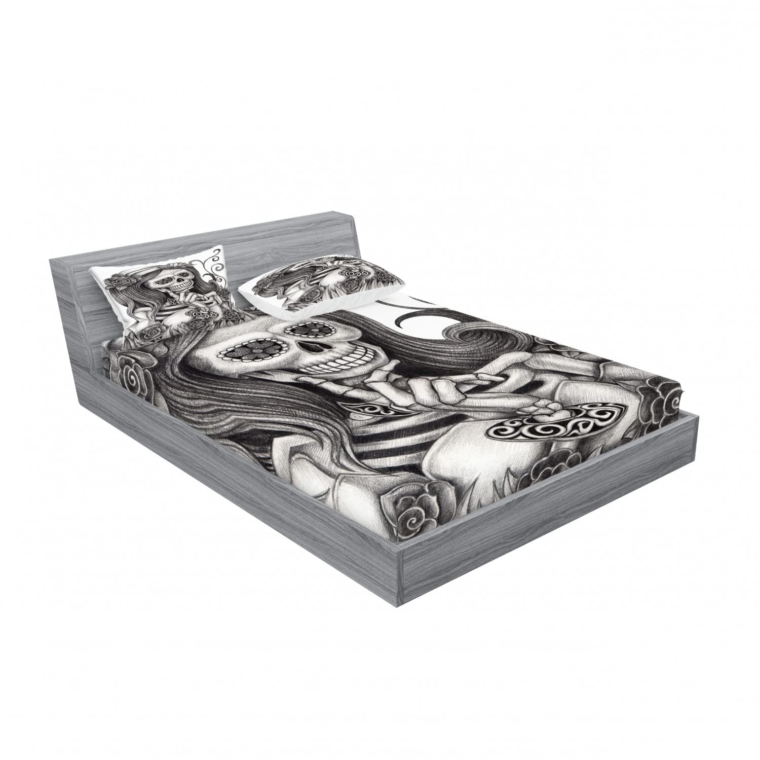Gothic Skull Print 2-Pack King Size Fitted Sheet & 4 Pillow Sham Set - Bonehead Design White & Grey Bedding Decor for Halloween, Gothic Bedroom, or Alternative Style Home Decor