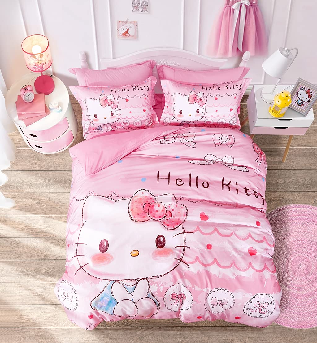 100% Cotton Hello Kitty Kids Bedding Set - 4 Piece Full Size Duvet Cover, Pillowcases & Fitted Sheet for Girls (Pink) | Soft & Breathable Nursery Bedding | Perfect for Toddler Rooms, Sleepovers & Birthday Gifts
