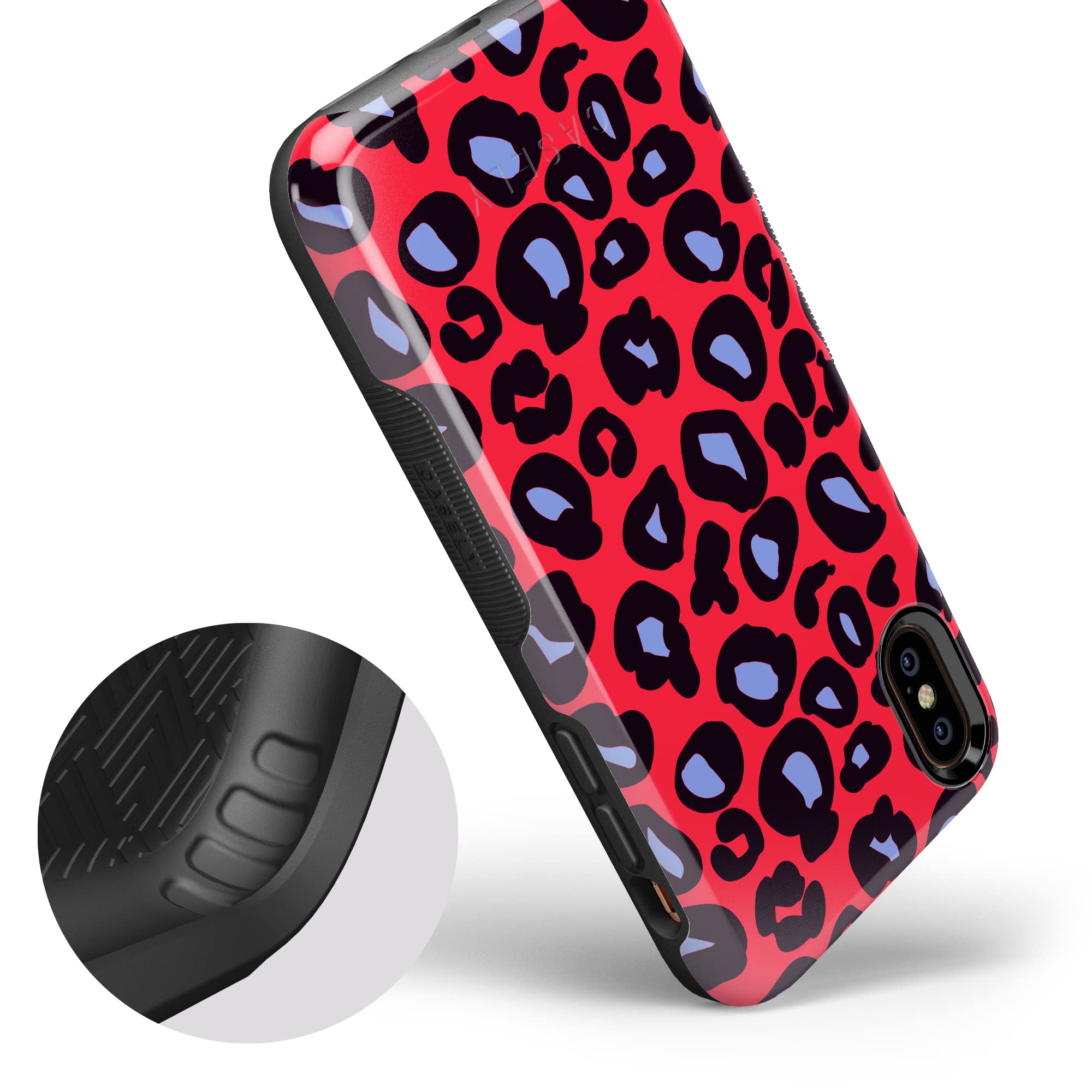 Casely iPhone X/XS Case - Stylish Red & Blue Leopard Print Protective Cover | Durable Slim Fit Phone Case for Women & Men | Perfect for Outdoor Adventures, Travel & Daily Use