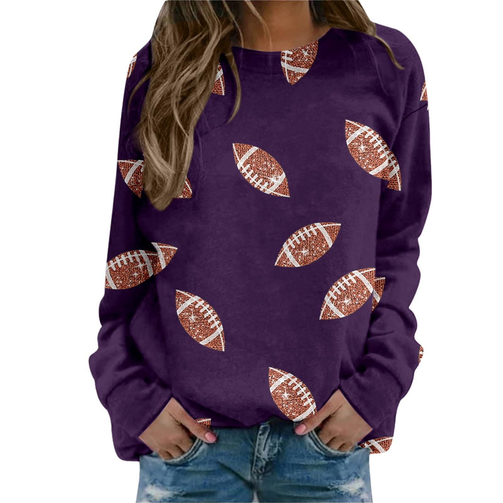 Women's Sparkle Football Sequin Rugby Crewneck Sweatshirt - Long Sleeve Game Day Pullover for Women | Perfect for Football Games, Tailgating & Sports Events